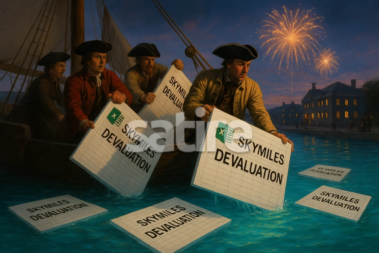 Photorealistic scene of colonial‑era patriots dumping giant Excel spreadsheets labeled SkyMiles Devaluation into a vivid cyan harbor, under a twilight sky lit by distant fireworks