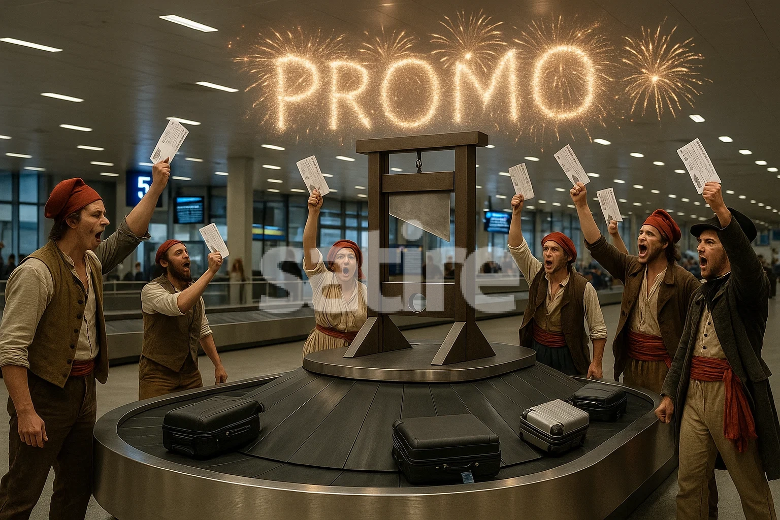 Photorealistic Paris baggage claim scene where revolutionaries wield boarding passes as pitchforks around a guillotine‑shaped luggage carousel, fireworks spelling PROMO above