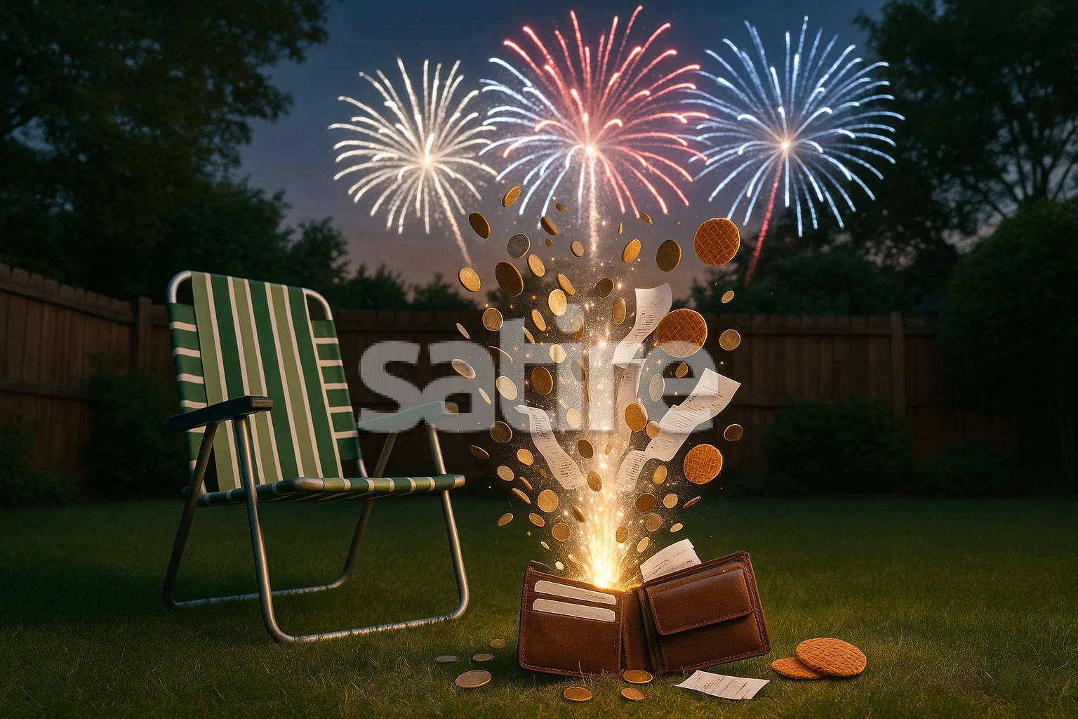 Photorealistic backyard scene where a lawn chair, wallet, and fireworks explode simultaneously—fountain of coins, receipts, and stroopwafels under red-white-blue fireworks