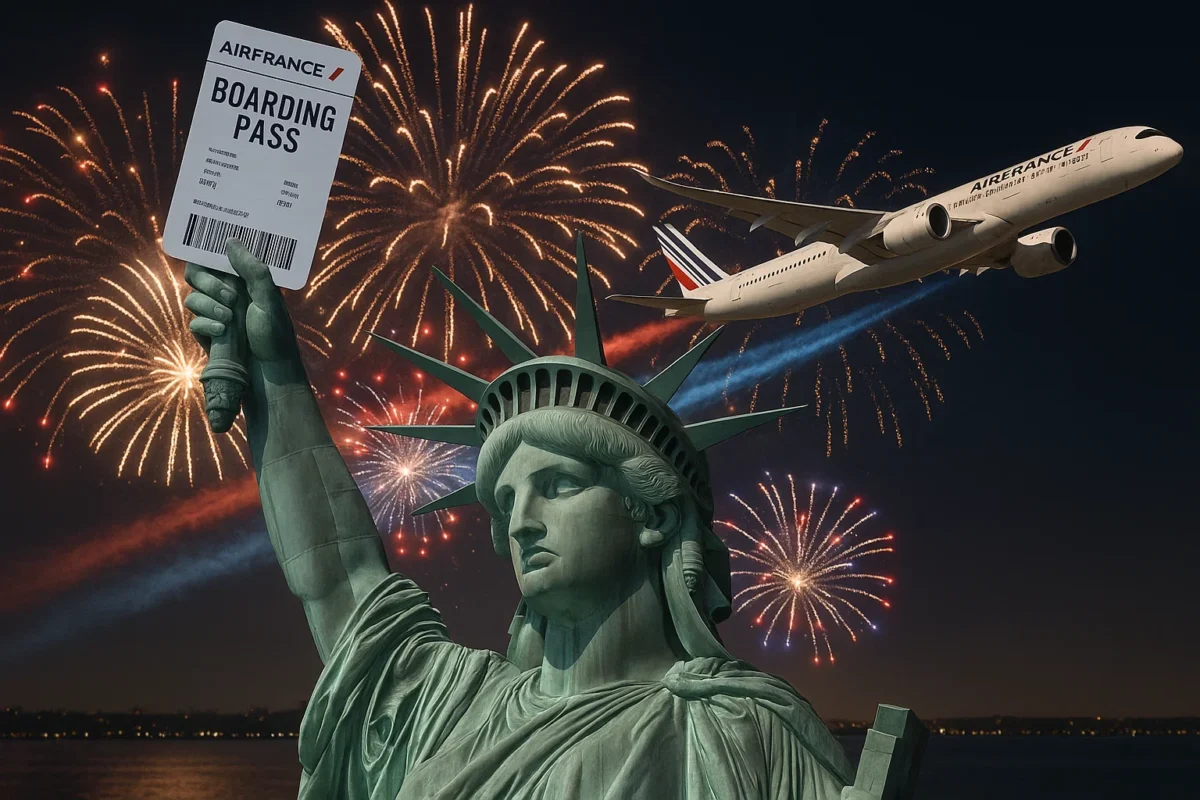 a plane flying in the sky with fireworks in the background
