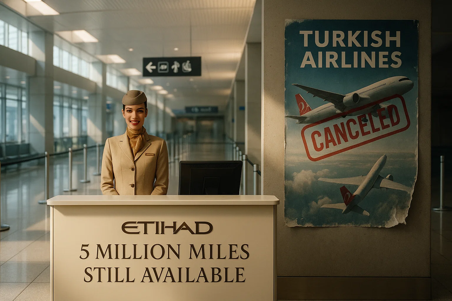 a woman standing behind a desk in an airport