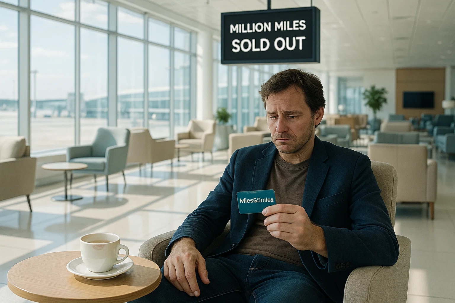 a man sitting in a chair holding a card