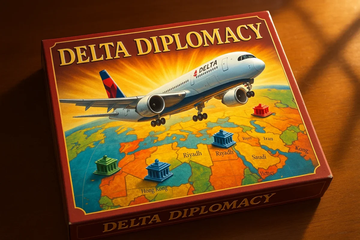 Photorealistic, brightly lit vintage board-game box titled ‘Delta Diplomacy™’. A glossy Airbus A350 tears through a sun-drenched Risk-style world map; game tokens shaped like Sky Clubs scatter across Hong Kong, Riyadh, and Tel Aviv. Golden-hour light, rich colors, cinematic depth of field.