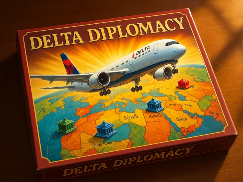 Photorealistic, brightly lit vintage board-game box titled ‘Delta Diplomacy™’. A glossy Airbus A350 tears through a sun-drenched Risk-style world map; game tokens shaped like Sky Clubs scatter across Hong Kong, Riyadh, and Tel Aviv. Golden-hour light, rich colors, cinematic depth of field.