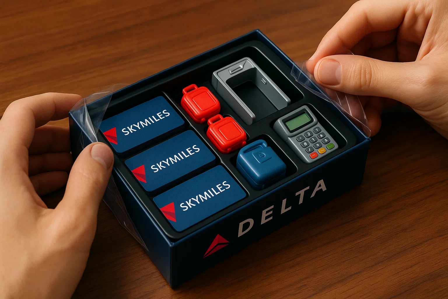 Bright, photorealistic macro shot of hands unwrapping a fresh Delta-branded board-game expansion on a teak table. Inside the box: crisp SkyMiles vouchers, shiny plastic Amenity-Kit tokens, a mini TSA checkpoint arch, and a pocket-sized fuel-surcharge payment terminal. Vibrant studio lighting.