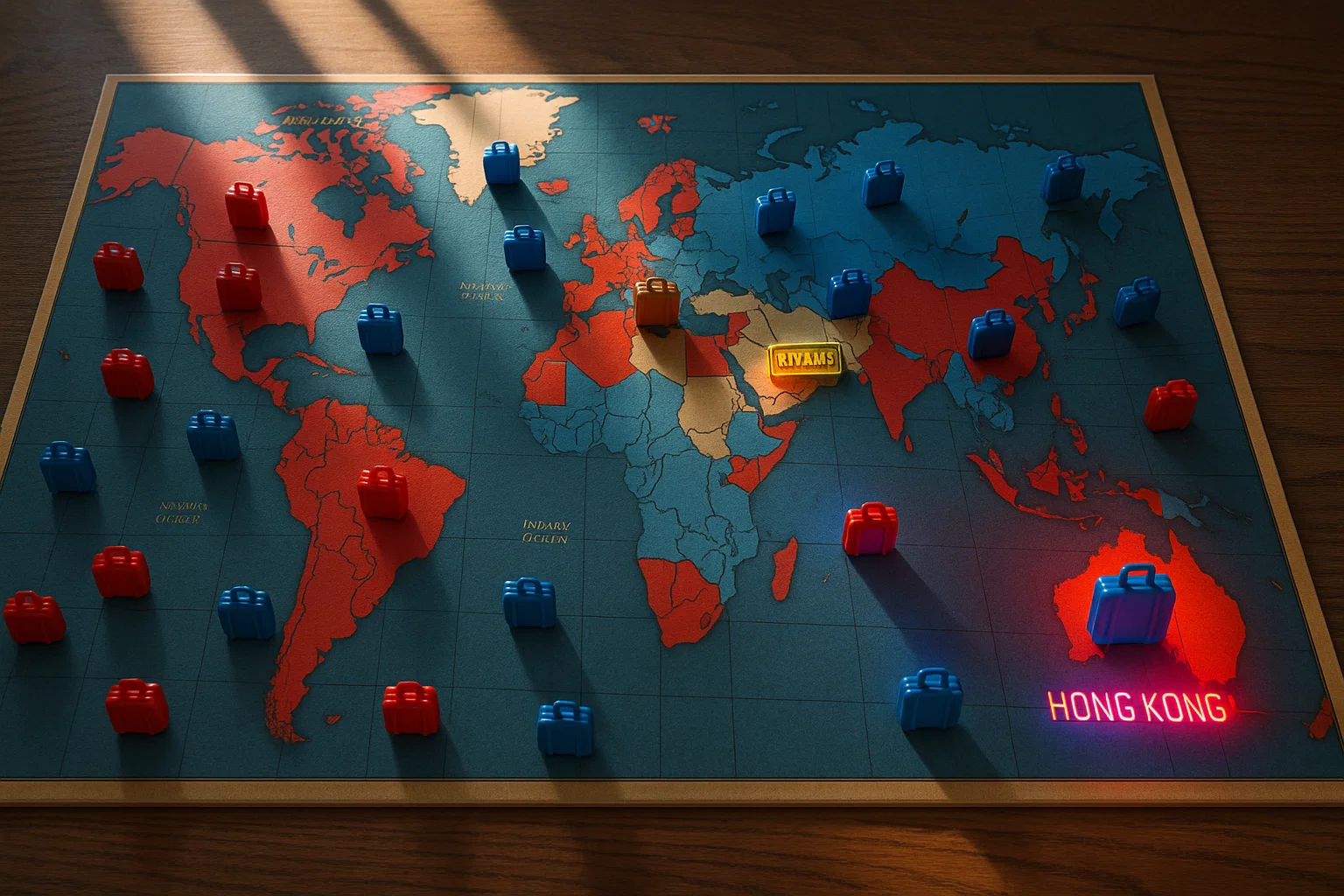Bright overhead, photorealistic view of a colorful Risk-style world map customized with Delta red-blue territories. Hong Kong tile glows neon; Riyadh tile oozes liquid gold; Tel Aviv tile flickers like an arrivals board. Sunshine streams across the table.