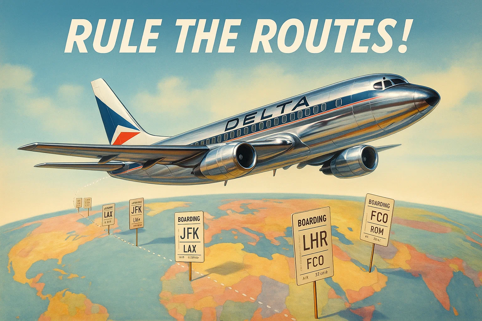 Photorealistic retro airline-poster graphic under bright studio lighting: a shiny Delta jet plants tiny boarding passes like flags across a pastel map. Tagline ‘Rule the Routes!’ pops in bold white sans-serif.