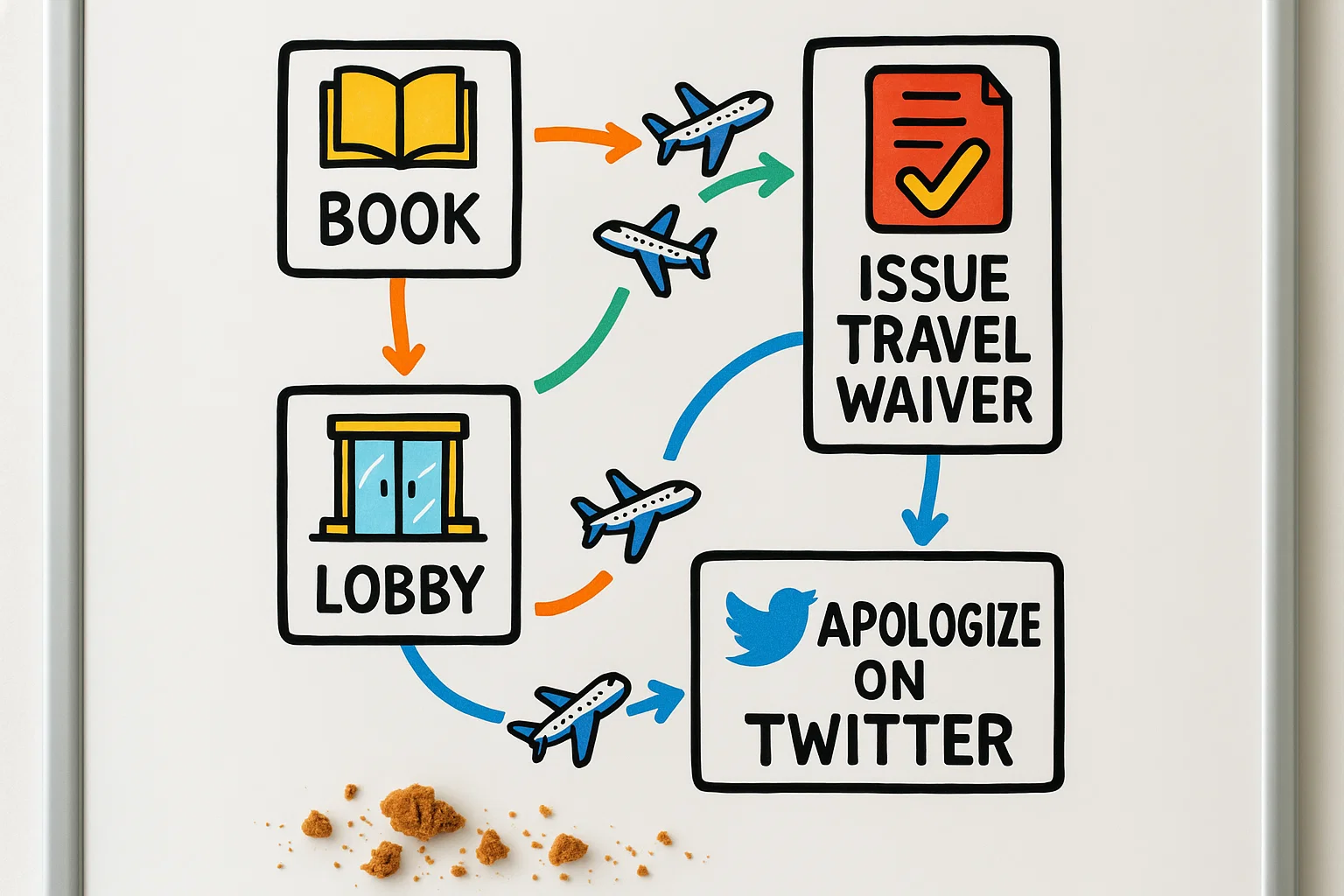 Bright, photorealistic cartoon flow-chart on a whiteboard: Book → Lobby → Issue Travel Waiver → Apologize on Twitter. Tiny airplanes zip along colorful arrows; fallen Biscoff crumbs add realism.
