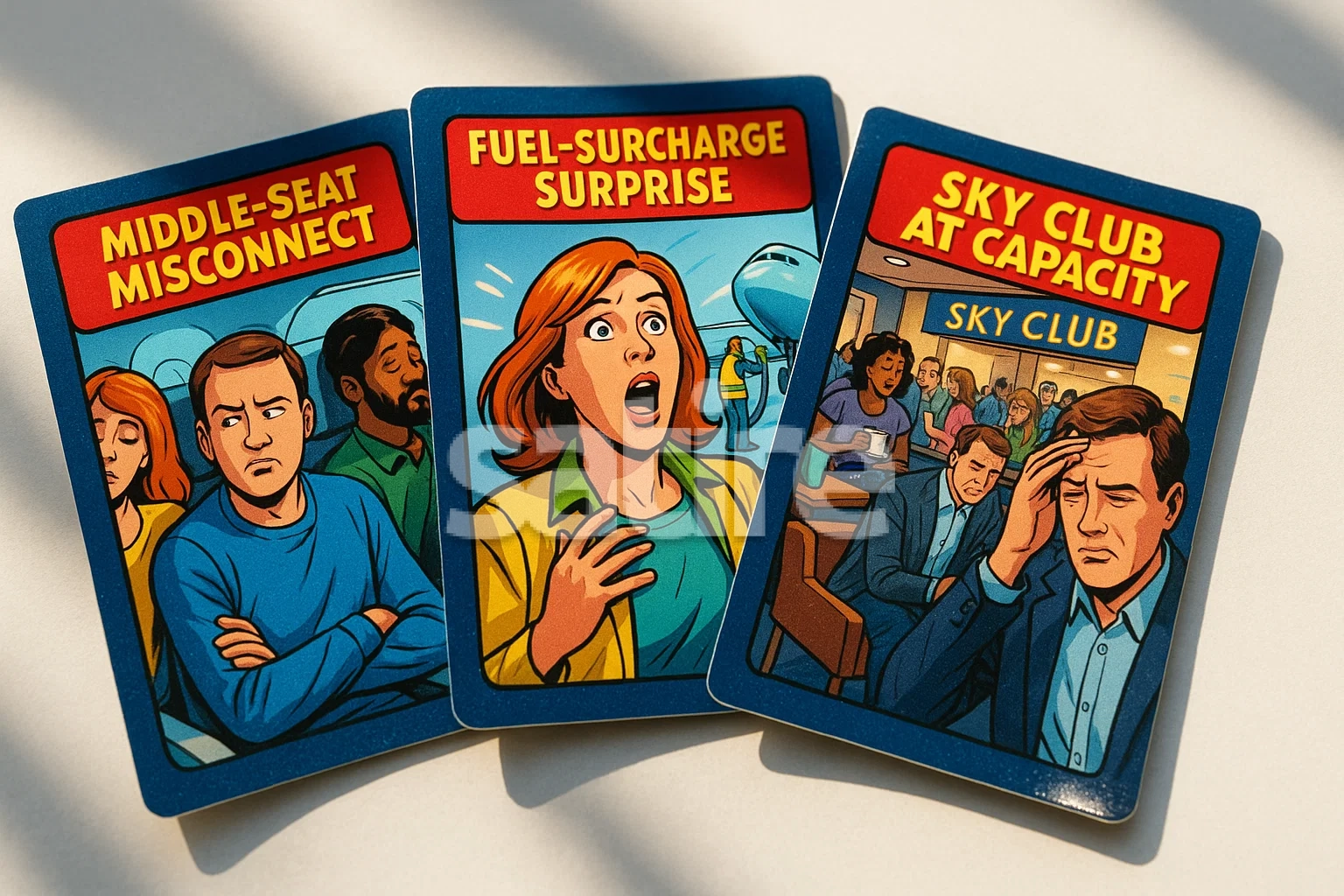Bright fanned display of glossy trading cards under clear daylight: ‘Middle-Seat Misconnect’, ‘Fuel-Surcharge Surprise’, ‘Sky Club at Capacity’. Vibrant comic-book coloring, sharp focus.