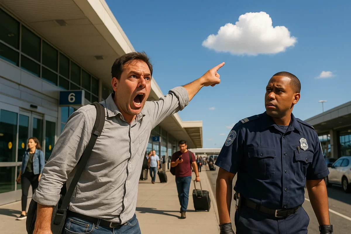 enraged traveler in cargo shorts points at a lone fluffy cloud while a TSA officer looks on, baffled
