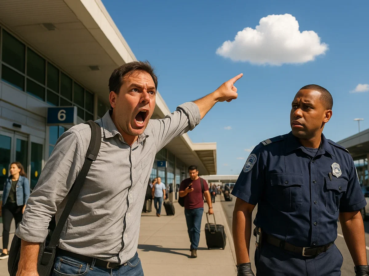 enraged traveler in cargo shorts points at a lone fluffy cloud while a TSA officer looks on, baffled