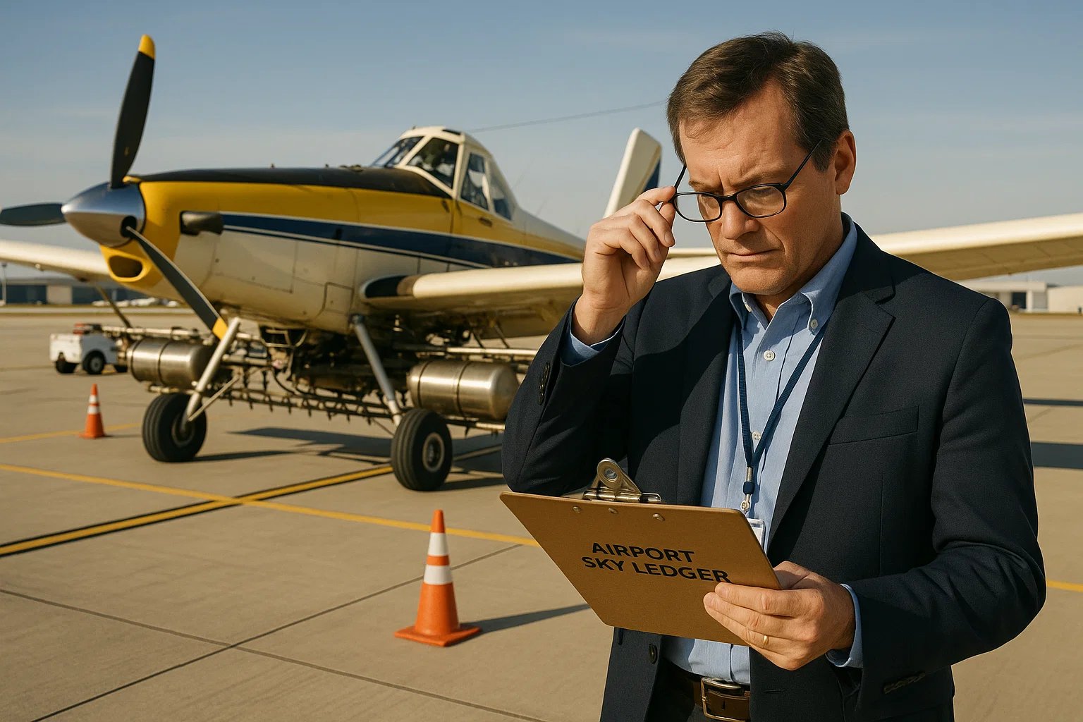 gate agent squints at clipboard titled 'Airport Sky Ledger' beside a small prop plane sporting an oversized cartoon sprayer
