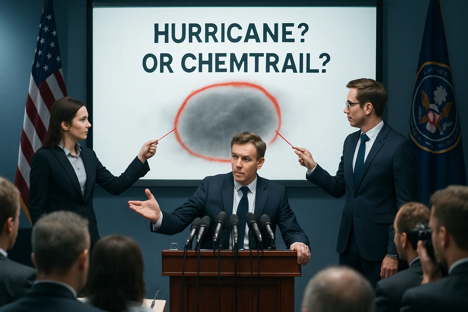 press-conference podium; official gestures at a slide labeled 'HURRICANE? OR CHEMTRAIL?' while aides highlight a blurry storm cloud in red