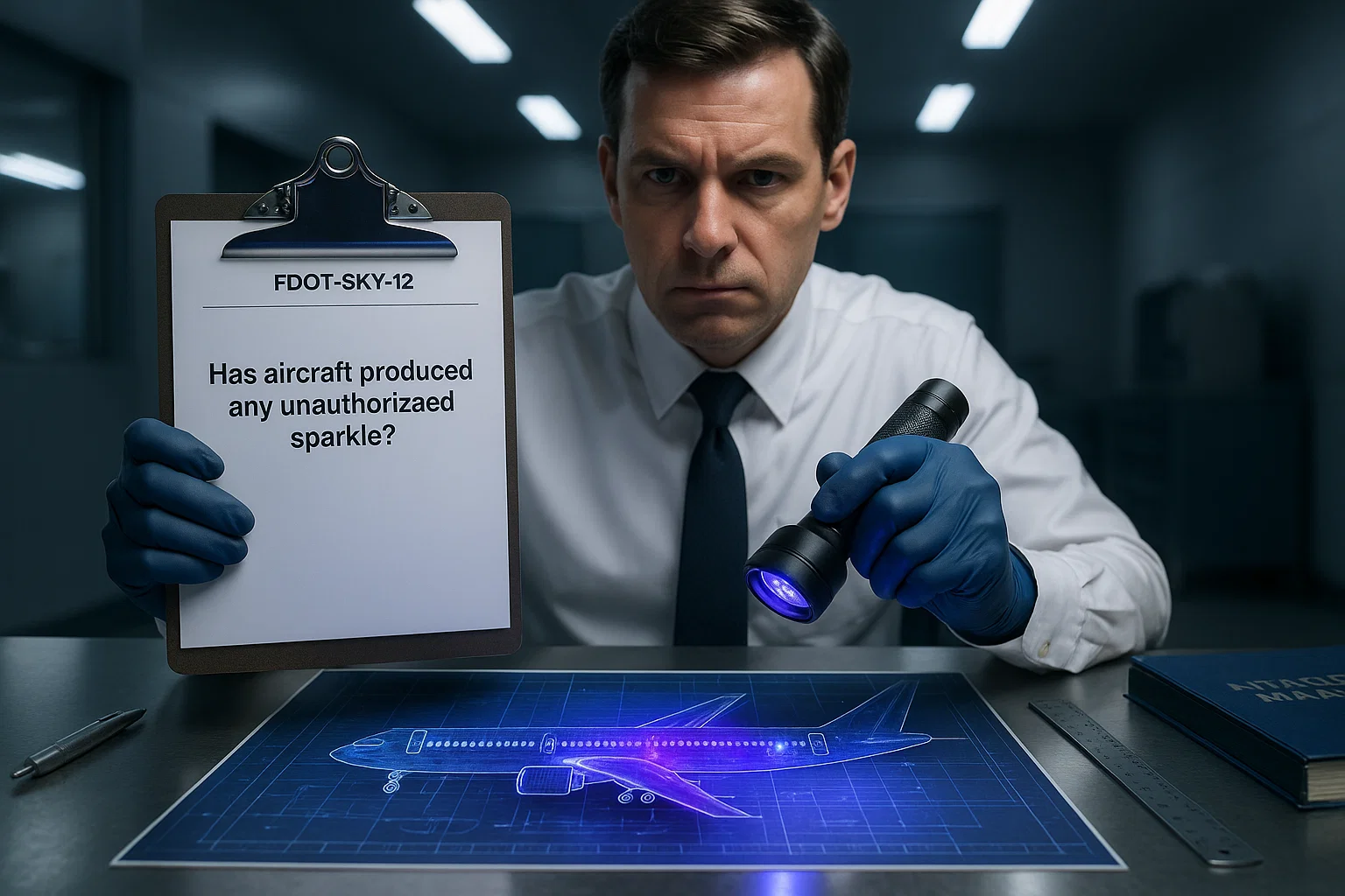 inspector highlights Form FDOT-SKY-12 question 'Has aircraft produced any unauthorized sparkle?' while jet blueprint glows under UV light