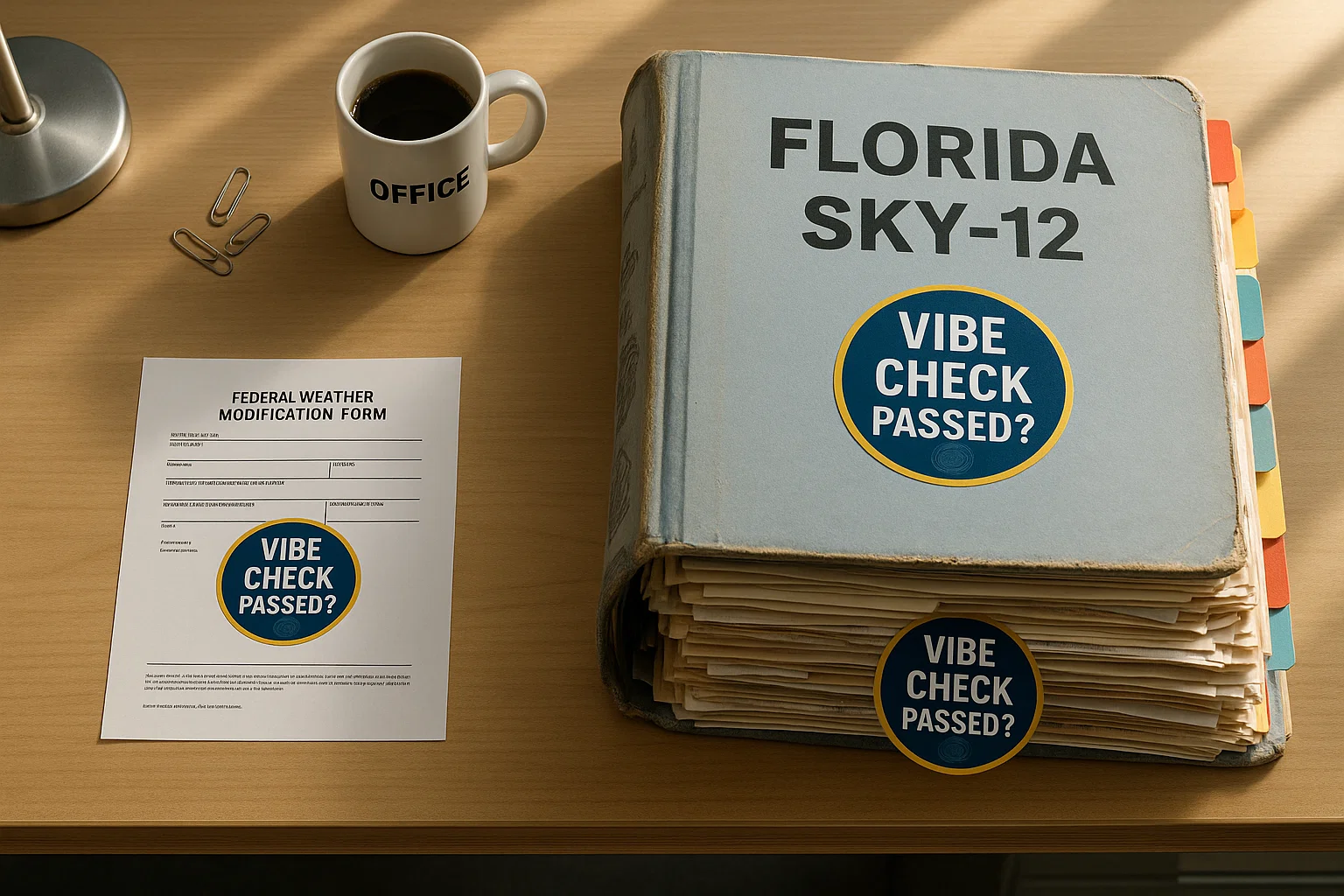 a file folder with papers and a cup of coffee on a table