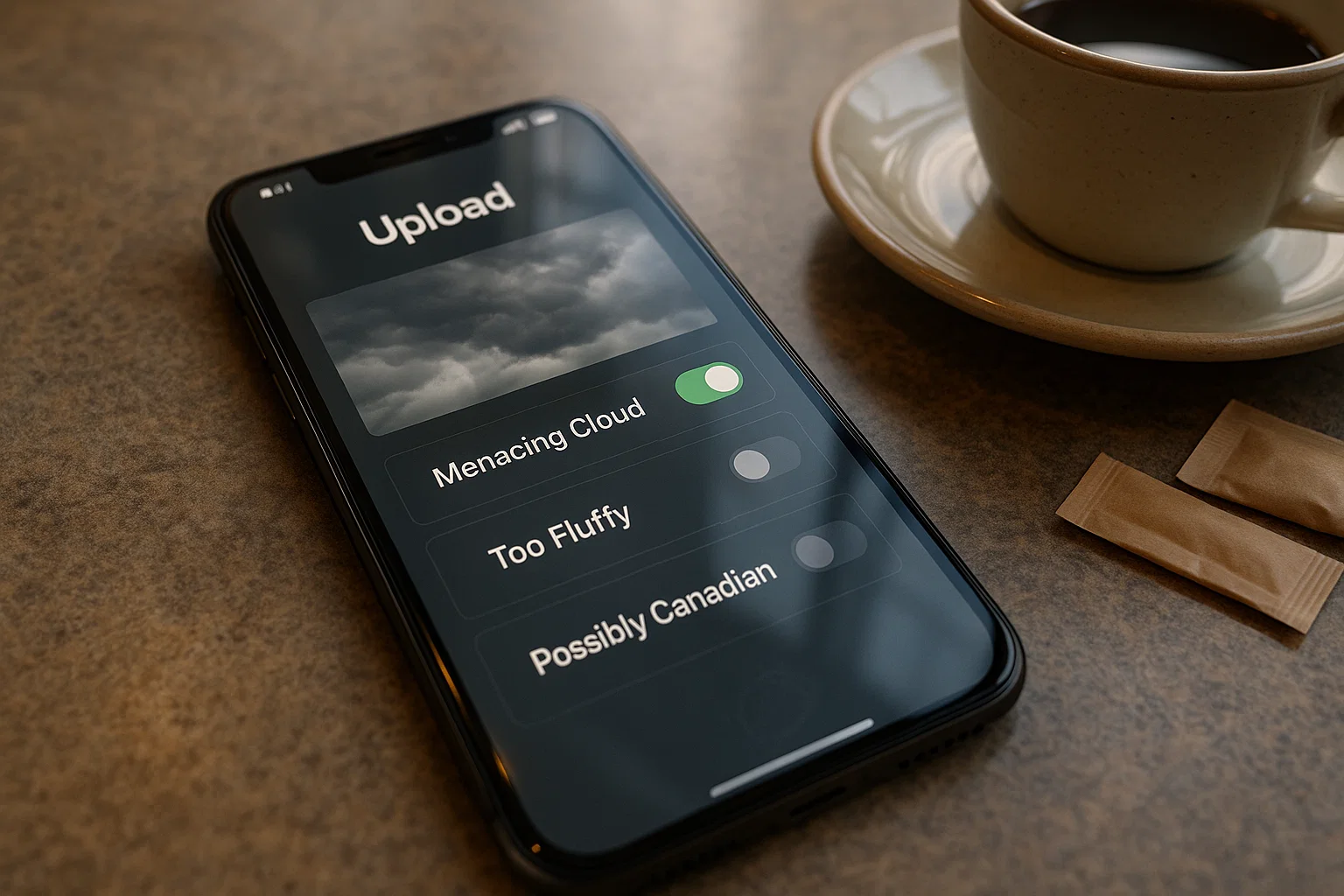 smartphone shows upload screen with options 'Menacing Cloud,' 'Too Fluffy,' 'Possibly Canadian'