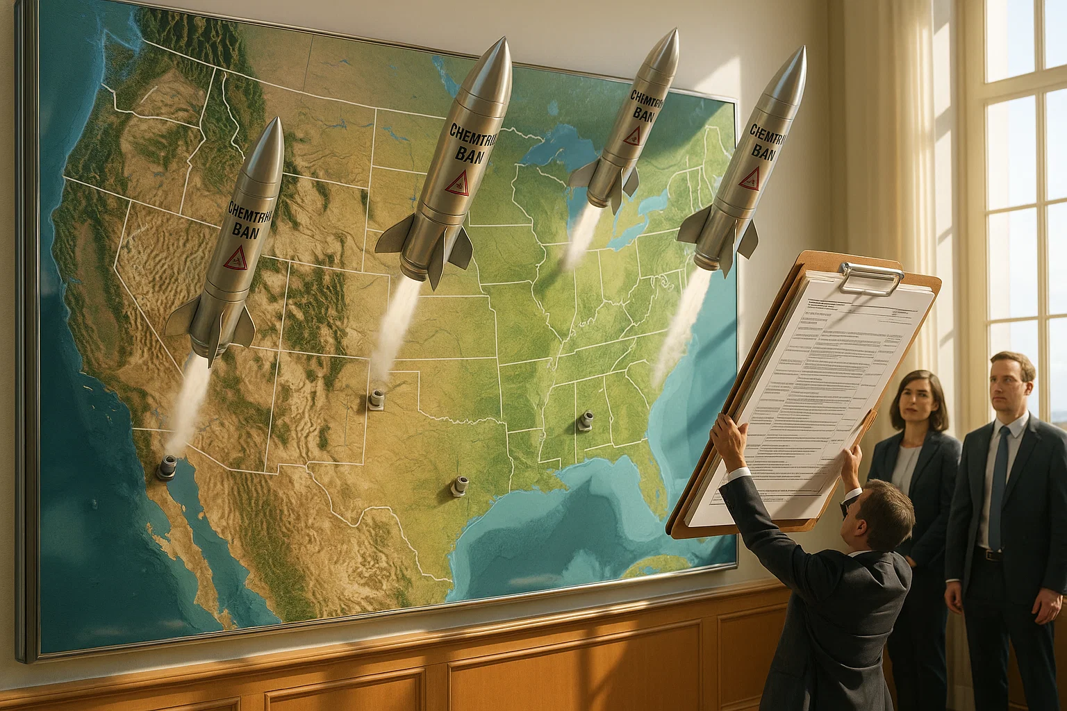 satirical U.S. map; states launch cartoon 'Chemtrail Ban' missiles while Florida waves a clipboard the size of the peninsula