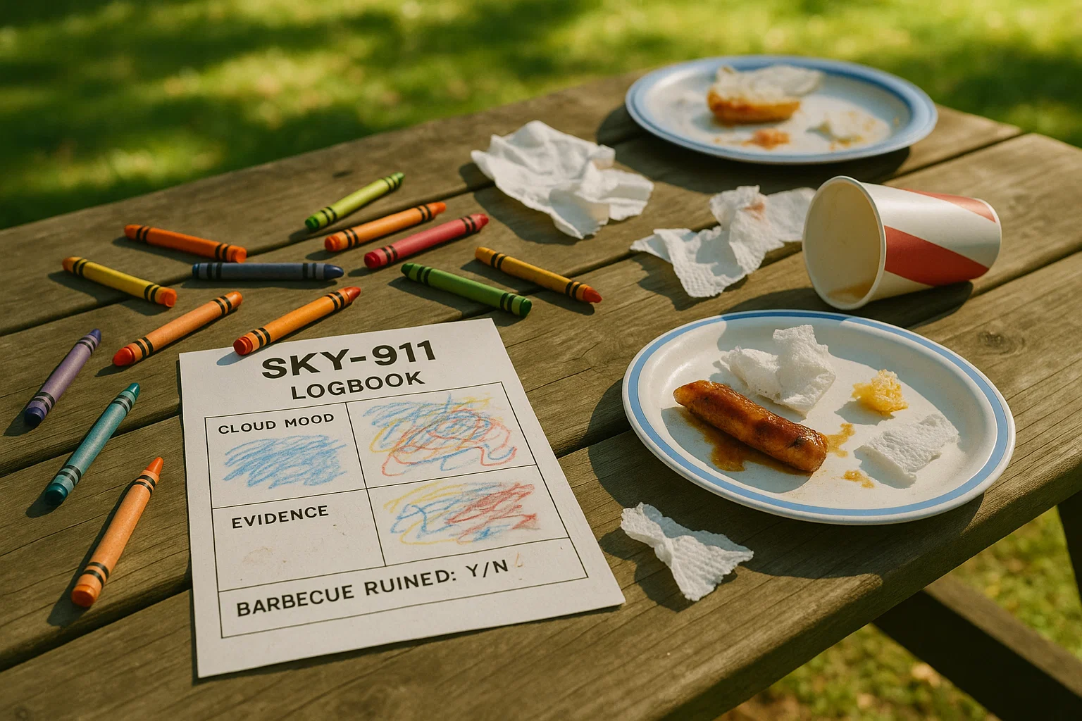picnic table strewn with crayons and printable SKY-911 logbook; sections marked Cloud Mood, Evidence, Barbecue Ruined: Y/N