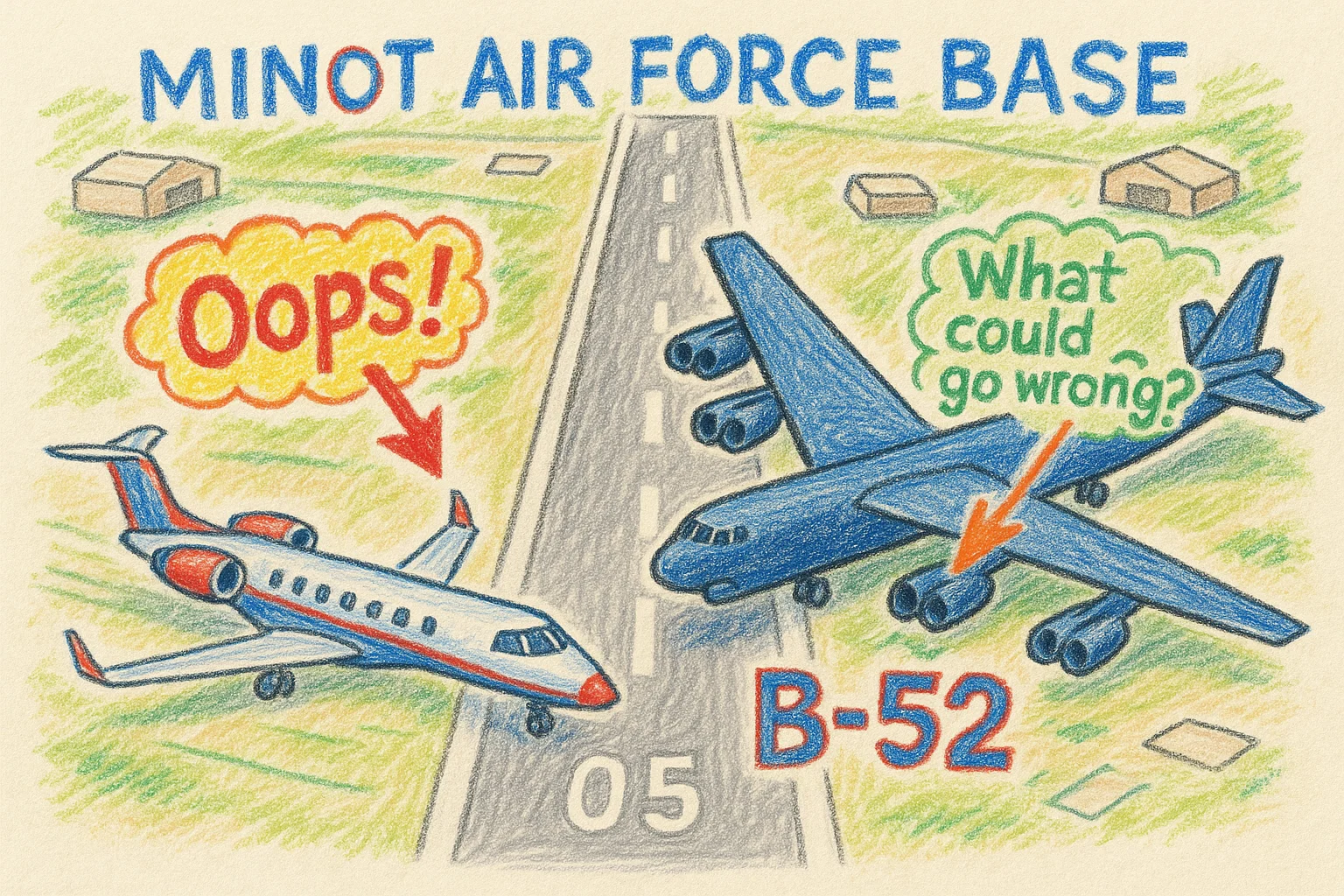 Crayon-style schematic of an Embraer jet and B-52 converging on Minot’s single runway, labels like ‘Oops!’ and ‘What could go wrong?’ in bright comic fonts.