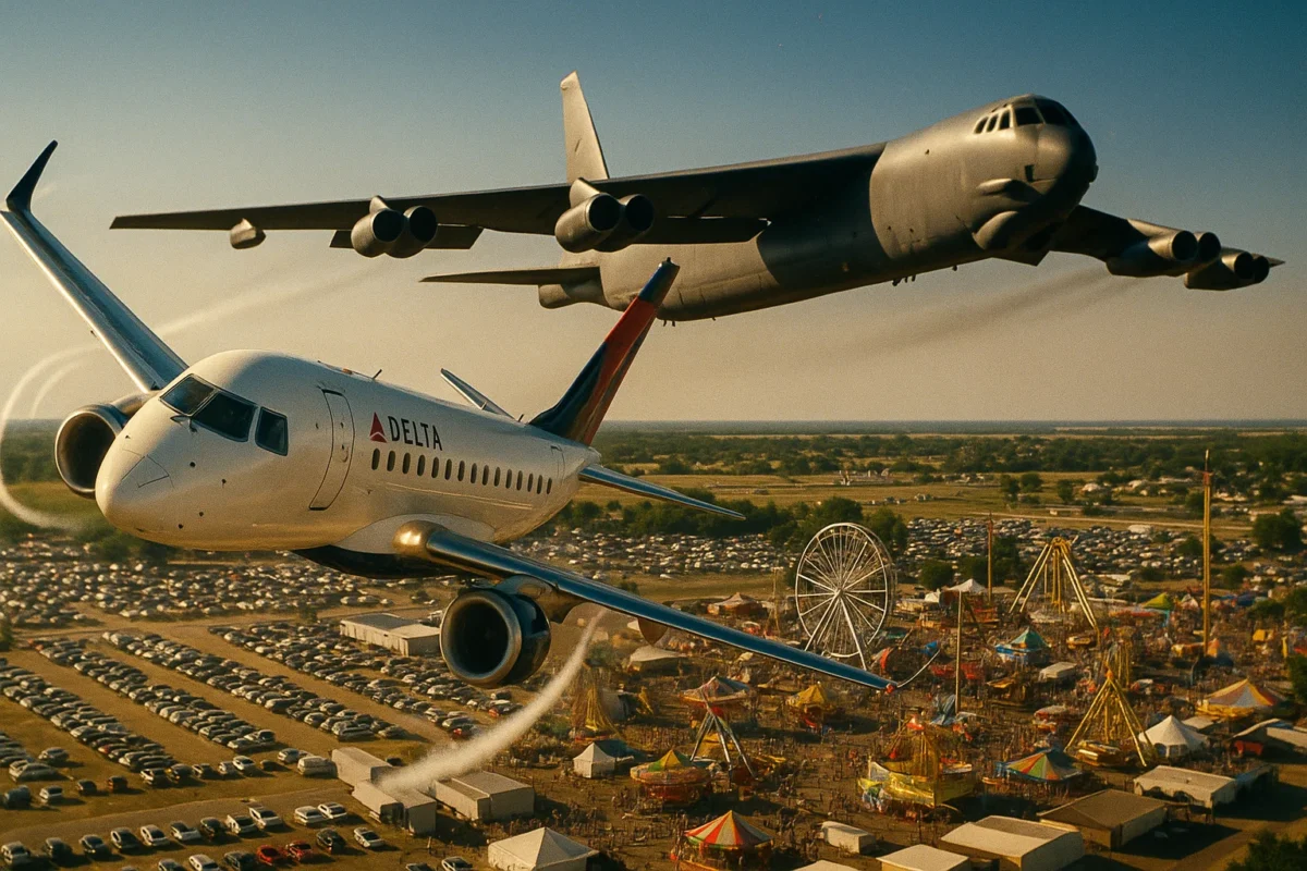 Hyper-realistic panoramic shot of a Delta Connection Embraer E175 performing a daring mid-air bank, contrails curling, Cold-War B-52 bomber looming inches away, bright North Dakota fairgrounds below, cinematic lighting, high-detail, 16 mm film grain.