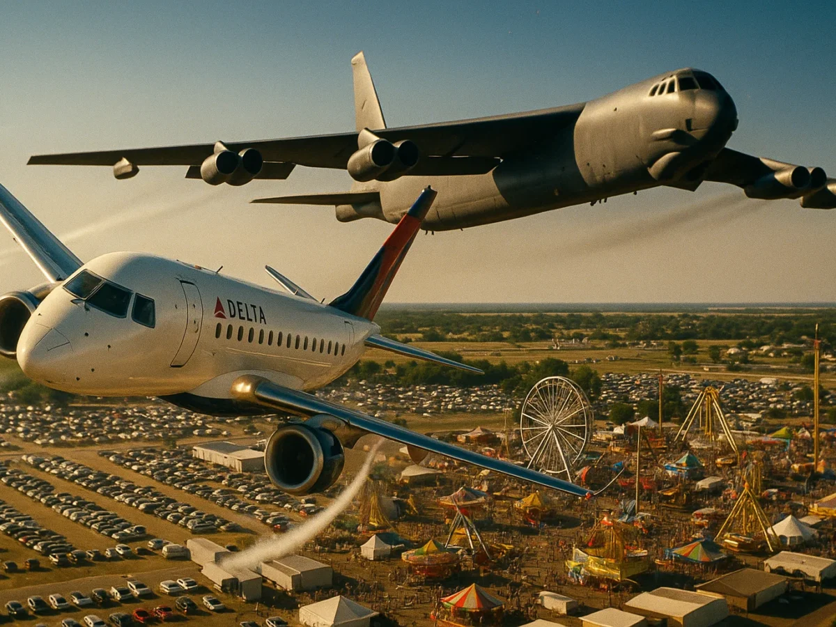 Hyper-realistic panoramic shot of a Delta Connection Embraer E175 performing a daring mid-air bank, contrails curling, Cold-War B-52 bomber looming inches away, bright North Dakota fairgrounds below, cinematic lighting, high-detail, 16 mm film grain.