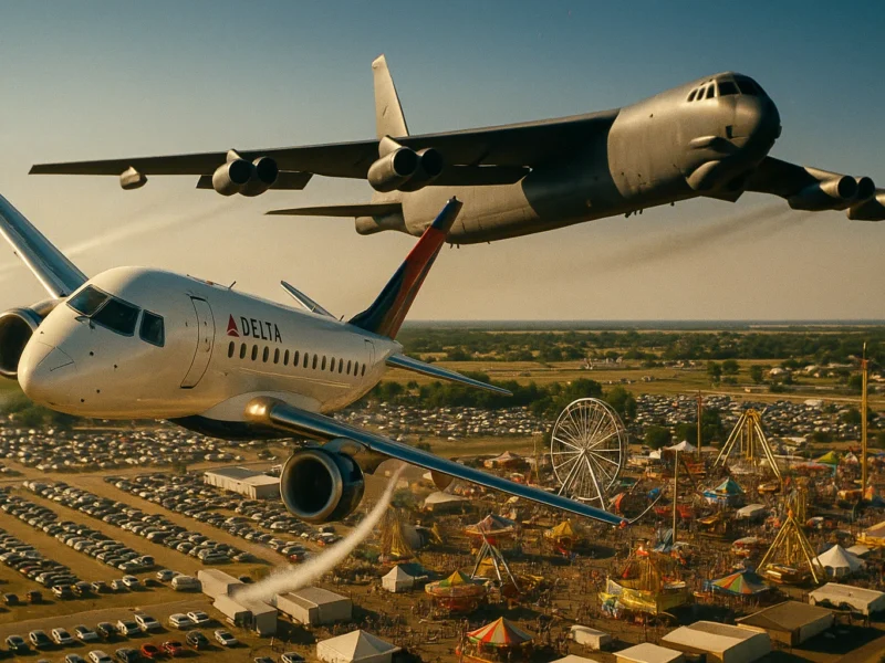 Hyper-realistic panoramic shot of a Delta Connection Embraer E175 performing a daring mid-air bank, contrails curling, Cold-War B-52 bomber looming inches away, bright North Dakota fairgrounds below, cinematic lighting, high-detail, 16 mm film grain.