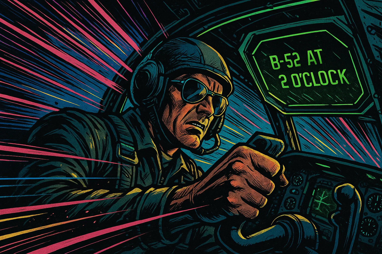 Dynamic comic-book panel of a pilot in aviator shades pulling a yoke, HUD displaying ‘B-52 at 2 o’clock,’ speed lines galore, neon color splash.