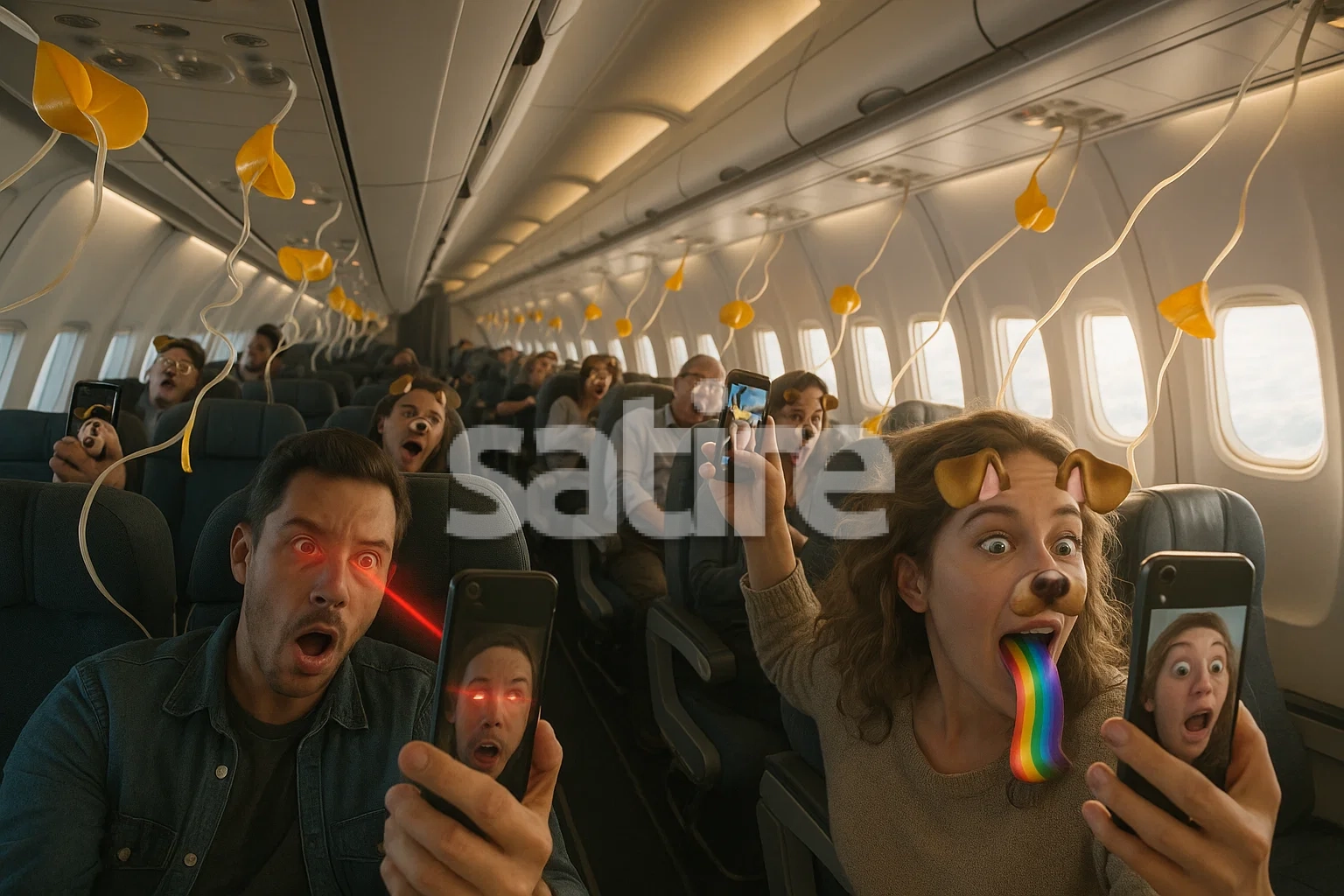 Row of passengers mid-bank, oxygen masks dangling like party streamers, everyone holding phones toward window, exaggerated Snapchat filters (dog ears, lasers).