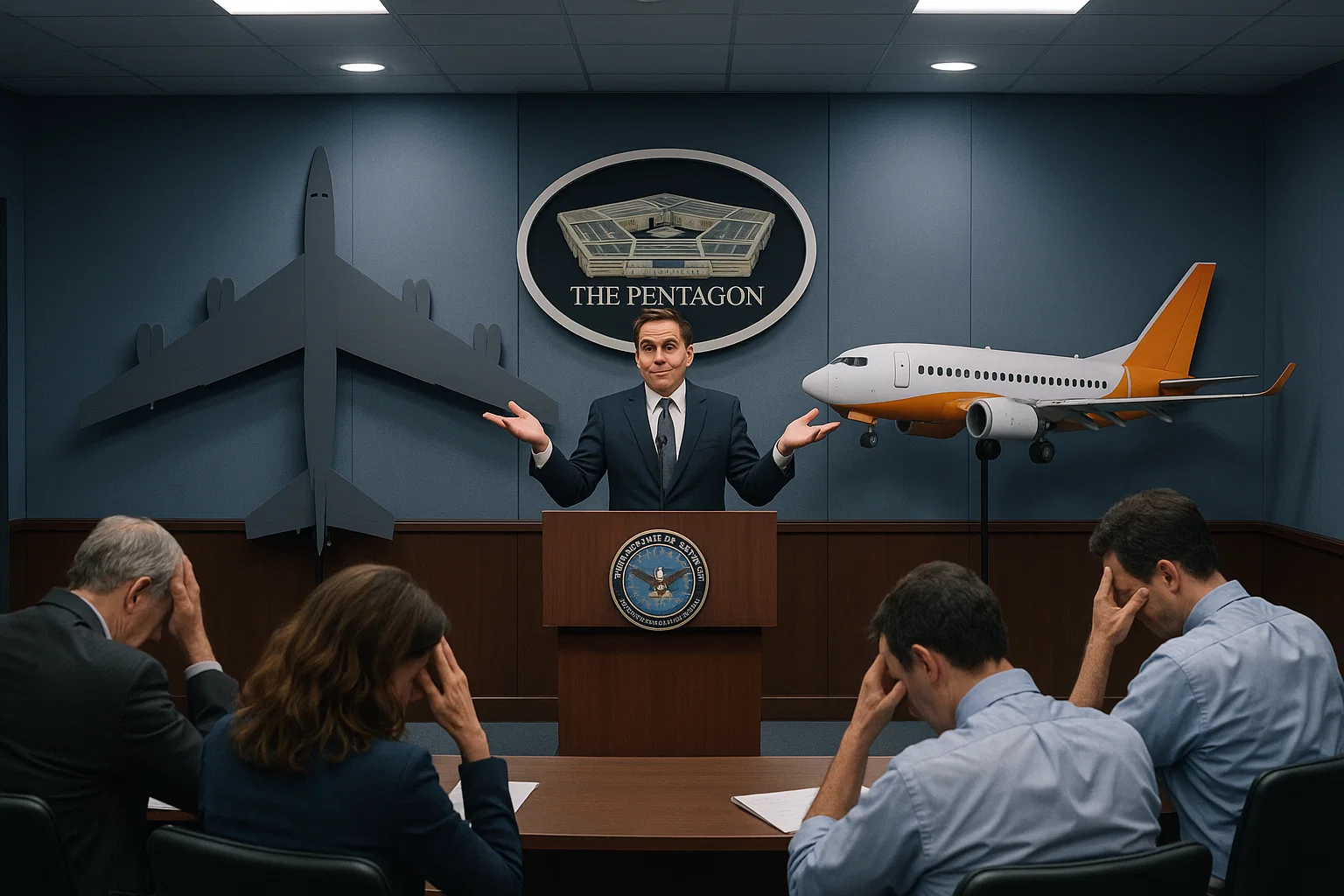 Pentagon press-room podium flanked by cardboard cutout of a bomber and a pint-size Embraer, spokesperson shrugging heroically, reporters face-palming.