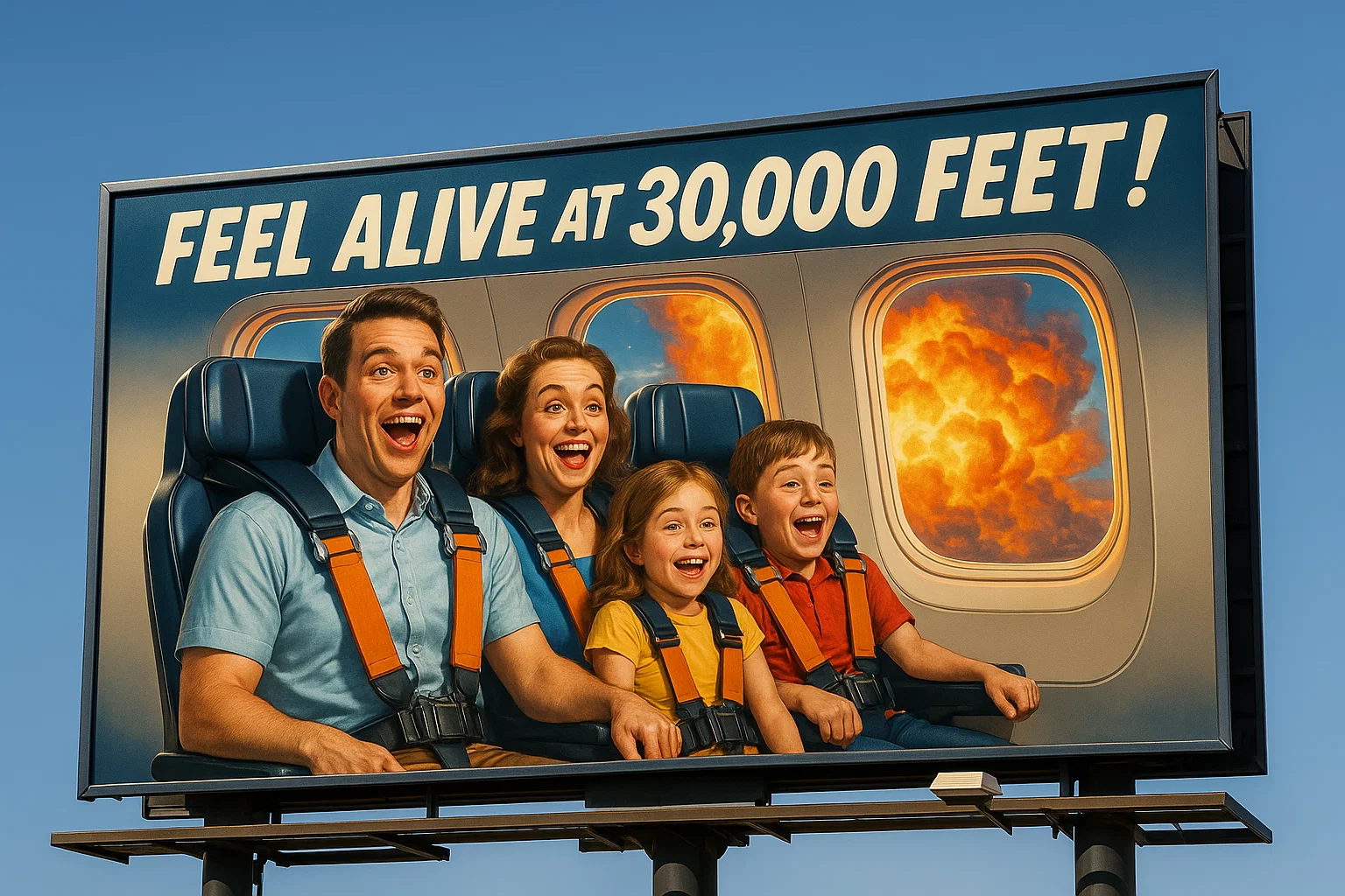 Slick airline ad billboard: smiling family strapped into roller-coaster-style airplane seats, backdrop explosion, tagline ‘Feel Alive at 30,000 Feet!’ in bold retro font.
