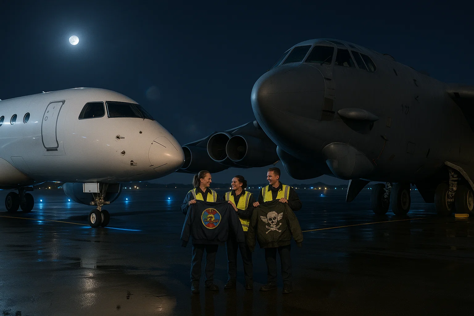 Nighttime airport tarmac; Embraer and B-52 parked nose-to-nose like old rivals finally shaking hands, ground crew exchanging novelty bomber jackets, moonlit lens-flare.