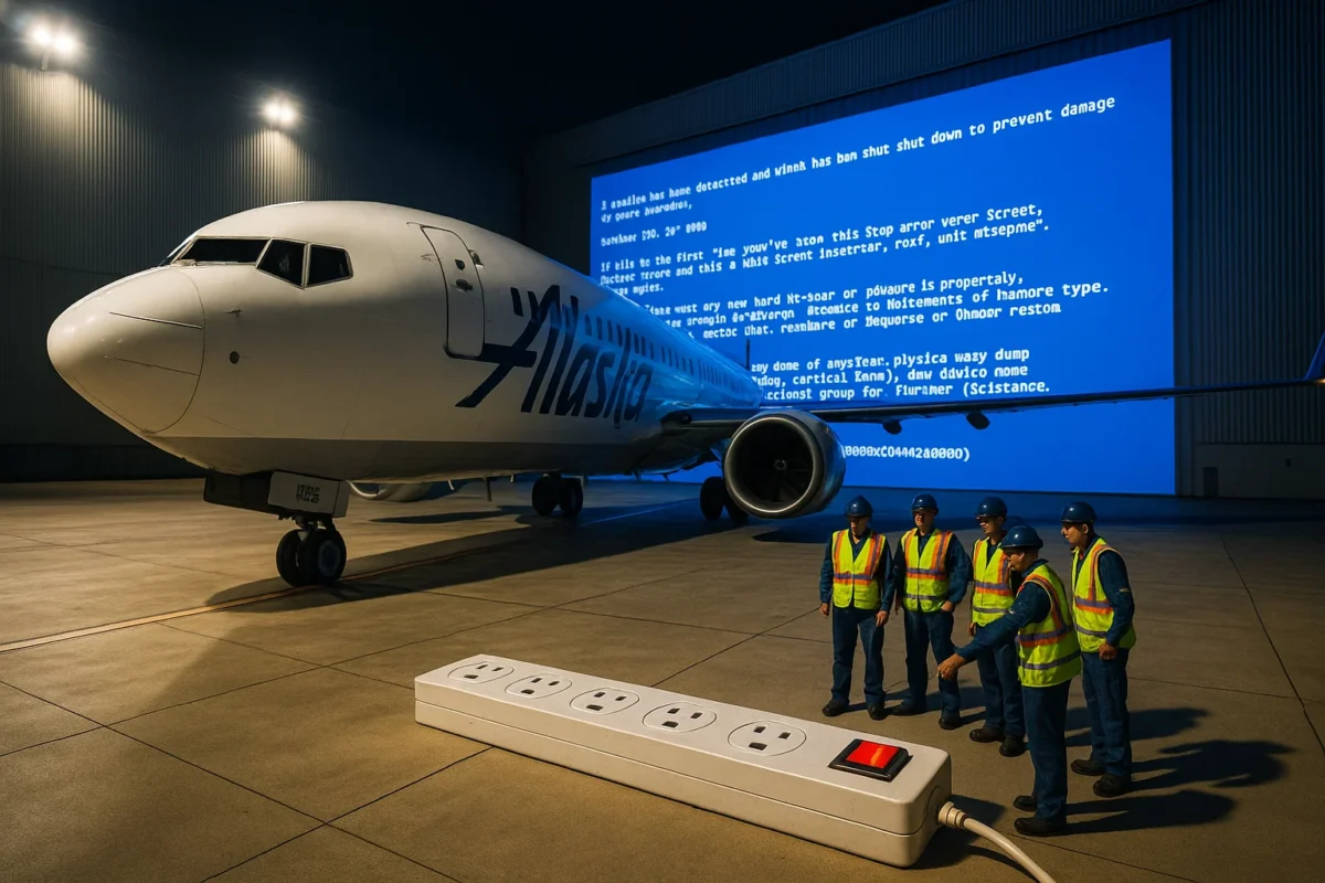 a photorealistic 24 mm wide‑angle HDR shot captured on a Nikon Z9 with a 24 mm f/1.8 lens, ultra‑sharp 8K resolution—an Alaska Airlines 737 parked on a brightly lit tarmac, nose canted toward a massive glowing “Blue Screen of Death” projected onto a hangar wall; maintenance crew in high‑visibility vests gather around a comically oversized power strip, one worker poised to flip the red switch.