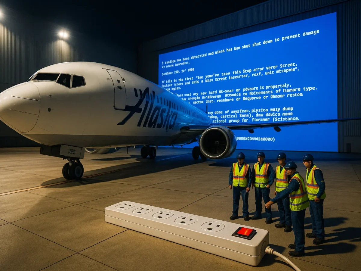 a photorealistic 24 mm wide‑angle HDR shot captured on a Nikon Z9 with a 24 mm f/1.8 lens, ultra‑sharp 8K resolution—an Alaska Airlines 737 parked on a brightly lit tarmac, nose canted toward a massive glowing “Blue Screen of Death” projected onto a hangar wall; maintenance crew in high‑visibility vests gather around a comically oversized power strip, one worker poised to flip the red switch.
