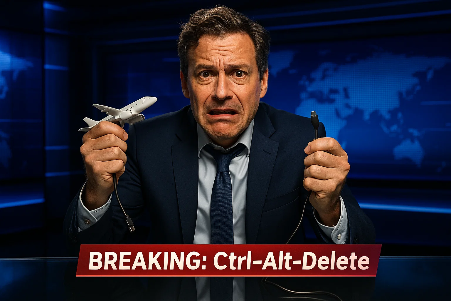 a photorealistic studio image captured on a Canon R5 with a 35 mm f/2 lens, bright key‑light setup—dramatic newsroom backdrop displaying “BREAKING: Ctrl‑Alt‑Delete” chyron; harried anchor grips a toy plane and a USB‑C cable.
