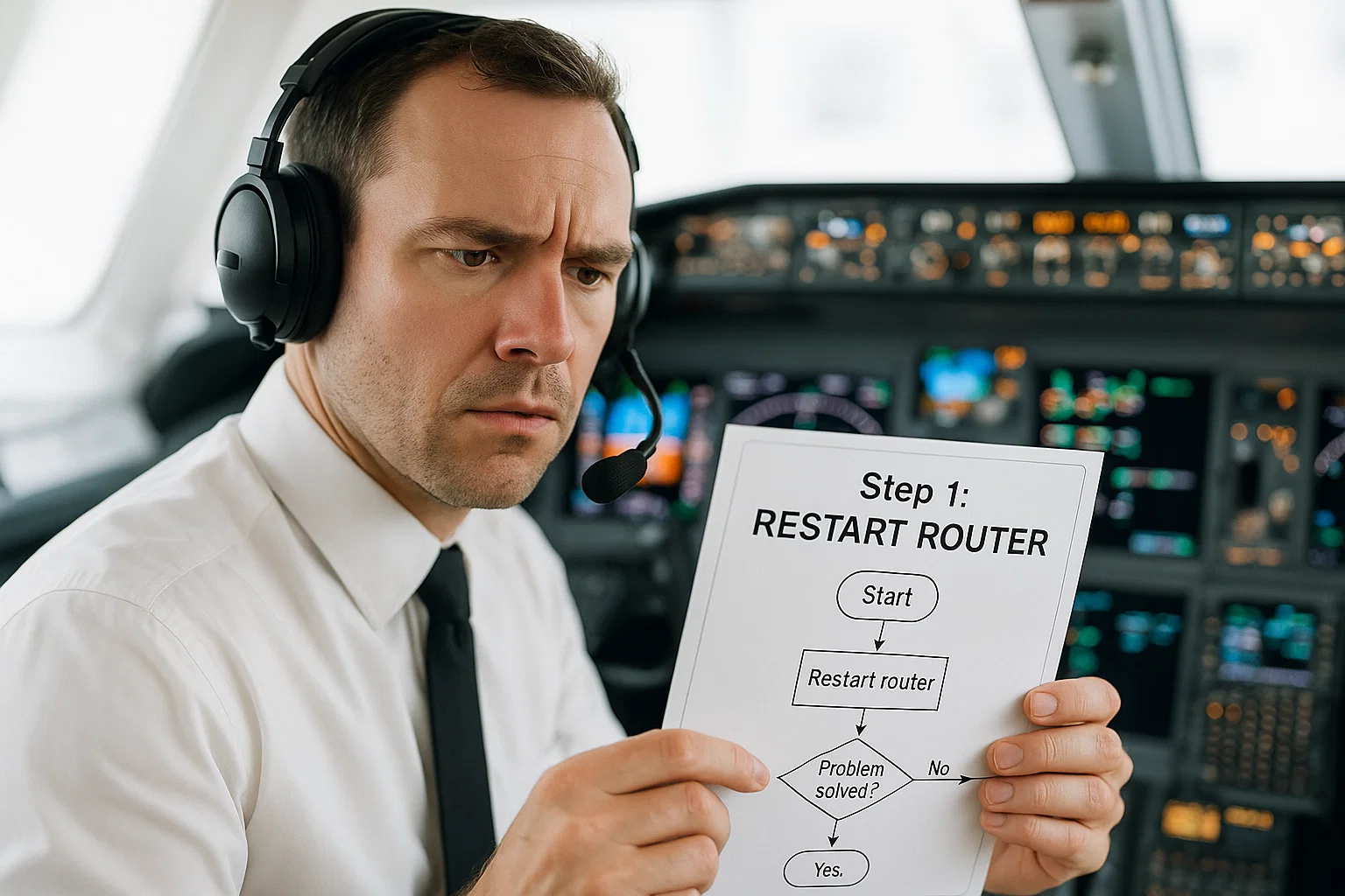 a photorealistic cockpit close‑up shot on a Sony A1 with a 50 mm f/1.4 lens, high‑key lighting—pilot on a headset staring at a laminated flowchart titled “Step 1: Restart Router,” surrounded by vividly lit blinking avionics panels.