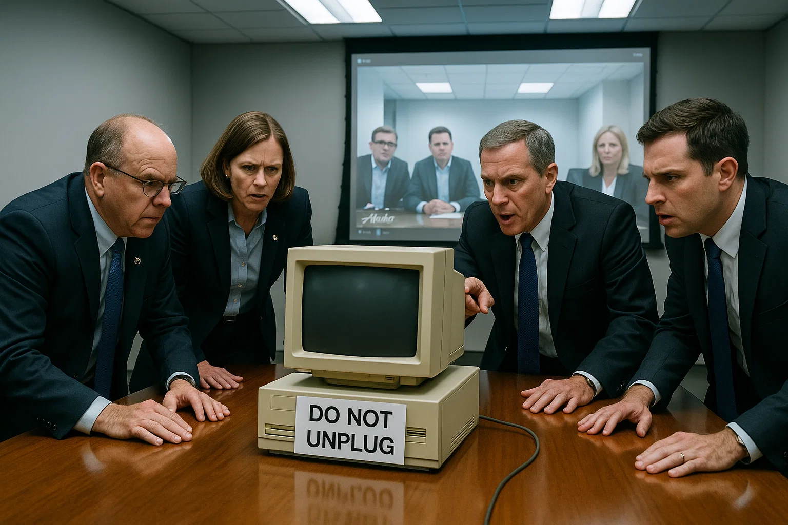 a photorealistic conference‑room scene shot on a Nikon D850 with a 24‑70 mm f/2.8 lens, bright fluorescent overheads—FAA officials crowded around an ancient beige desktop labeled “DO NOT UNPLUG,” Zoom window of confused Alaska execs projected on wall.