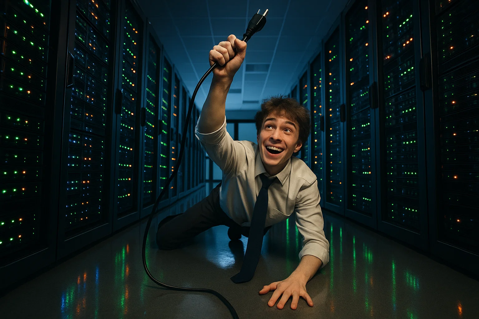 a photorealistic server‑room tableau shot on a Canon 1D X Mark III with a 24 mm f/2.8 lens, brilliant LED illumination—nervous intern crawling under racks, triumphantly holding an unlabeled power cord aloft like Excalibur, neon reflections on polished floor.