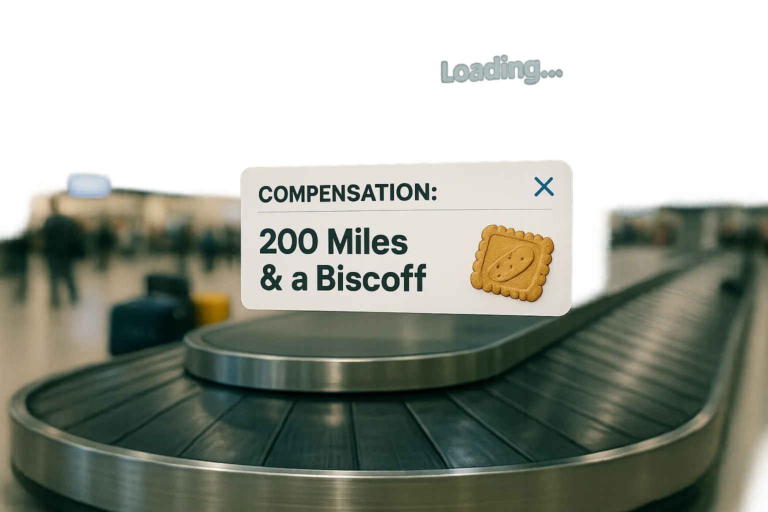 a photorealistic composited graphic rendered in 8K, DSLR‑style depth of field—cheerful email pop‑up saying “COMPENSATION: 200 Miles & a Biscoff” floats above a brightly lit, still‑loading baggage carousel.