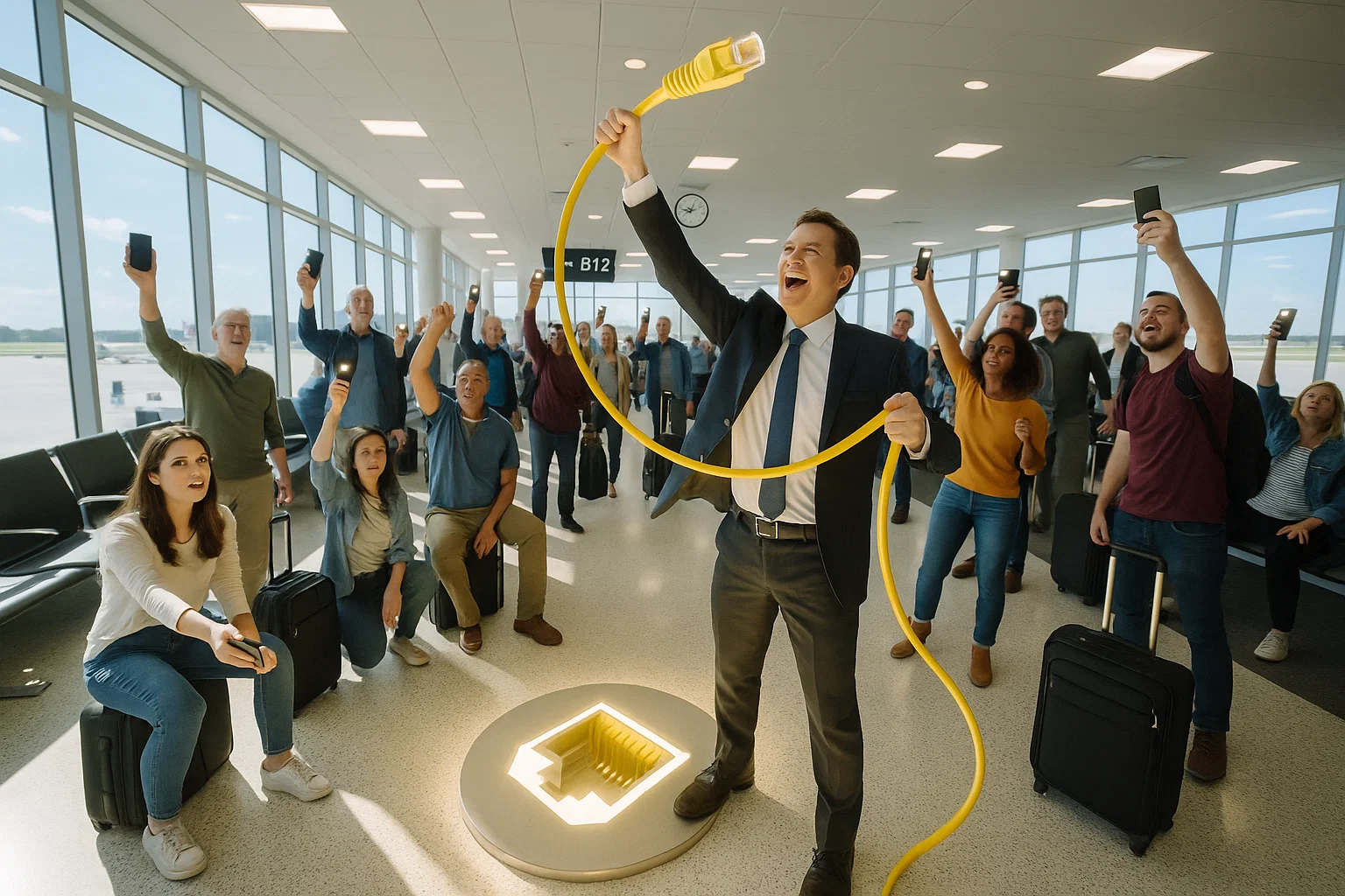 a photorealistic 16 mm ultra‑wide shot captured on a Sony A1 with a 16‑35 mm f/2.8 lens, brilliantly lit by midday sunlight pouring through floor‑to‑ceiling windows and diffused overhead LEDs—vibrant airport gate scene where stranded travelers encircle a giant glowing Ethernet port embedded in the floor; one passenger in a business suit triumphantly hoists an oversized yellow RJ‑45 cable overhead while others raise smartphones like concert lighters, all bathed in bright, high‑key illumination for maximum satirical clarity.