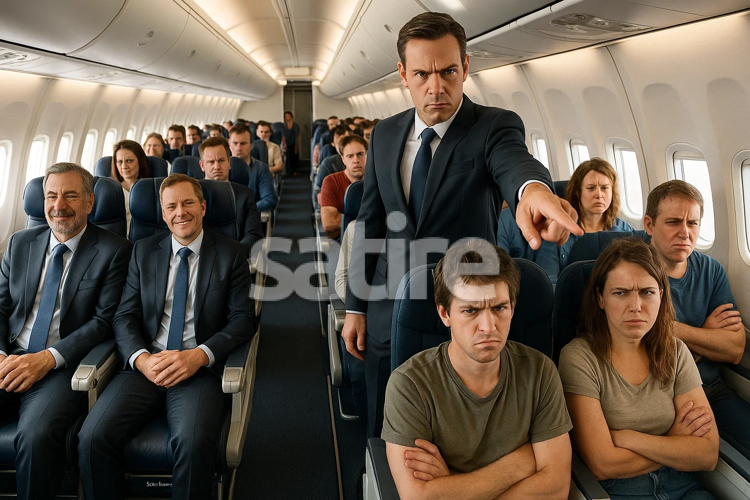 A hyper-realistic, eye-catching photograph inside a brightly lit Southwest airplane cabin, showing a stern airline executive in a tailored suit standing at the front, pointing authoritatively to assigned seats while passengers in business attire occupy spacious premium rows and frustrated economy travelers cram into tight seats at the back, highlighting the satirical new class divide with expressions of smug satisfaction and discontent.