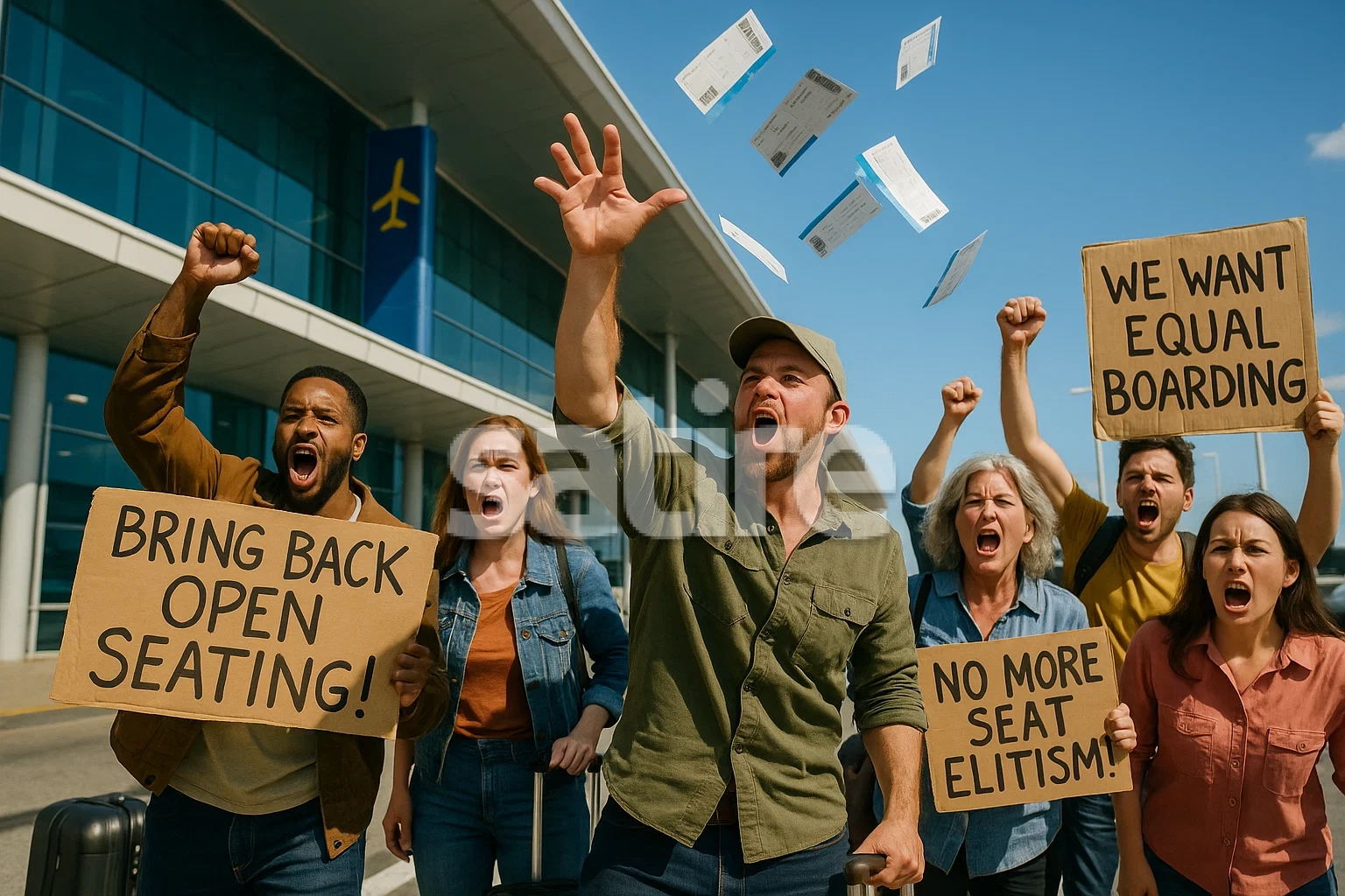 A hyper-realistic, eye-catching photograph of a group of angry frequent flyers protesting outside a sunny airport terminal, holding handmade signs reading 'Bring Back Open Seating!' and 'No More Seat Elitism!', with one demonstrator dramatically throwing boarding passes into the air while others chant passionately, capturing the satirical outrage over the loss of egalitarian boarding in vivid detail.