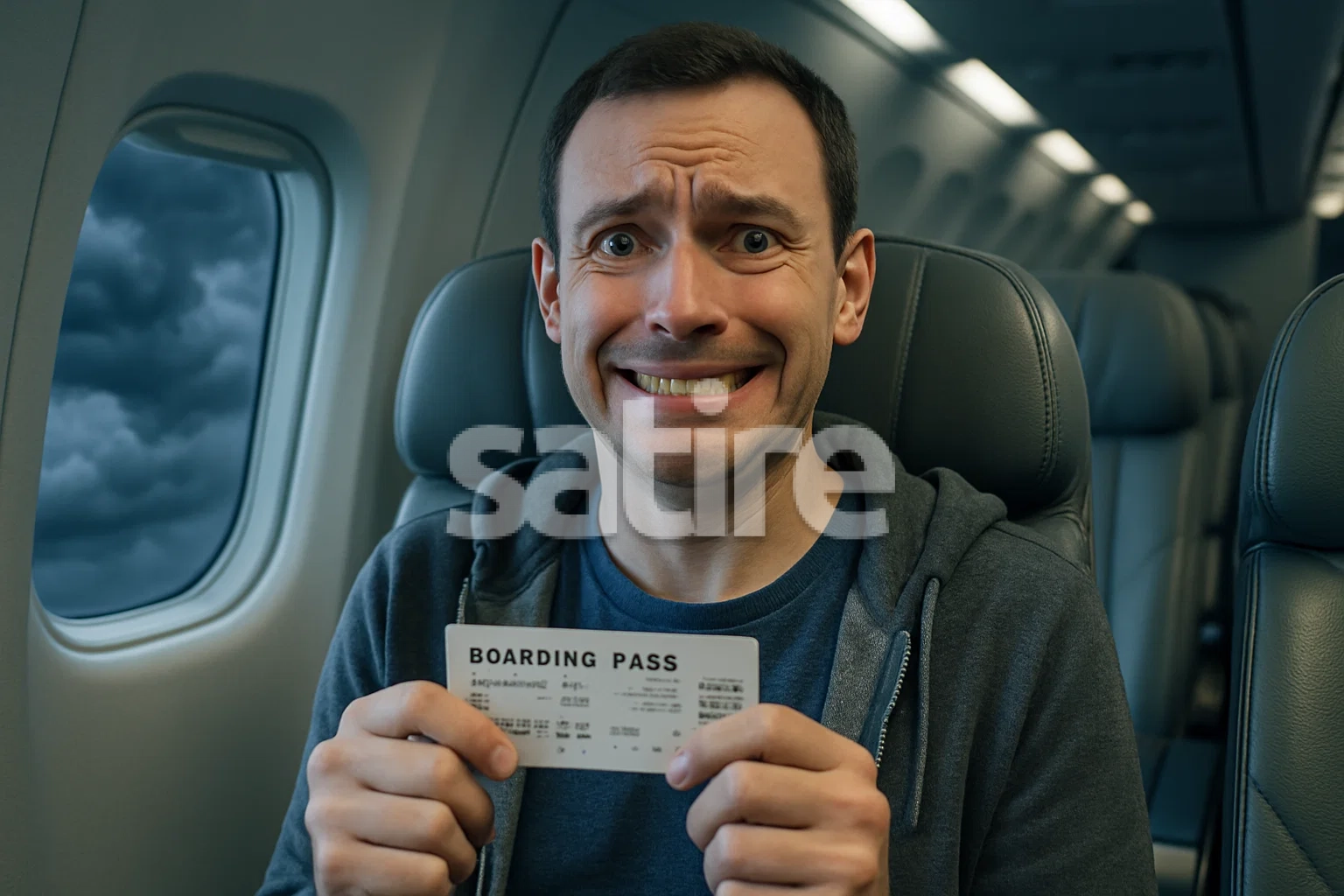 A hyper-realistic, eye-catching photograph of a passenger in an airplane seat looking overly optimistic with a forced smile, clutching an assigned seat ticket like a winning lottery slip under cabin lighting, while in the background through the window, stormy clouds gather ominously symbolizing hidden fees and delays, satirizing the deceptive allure of the new seating changes.