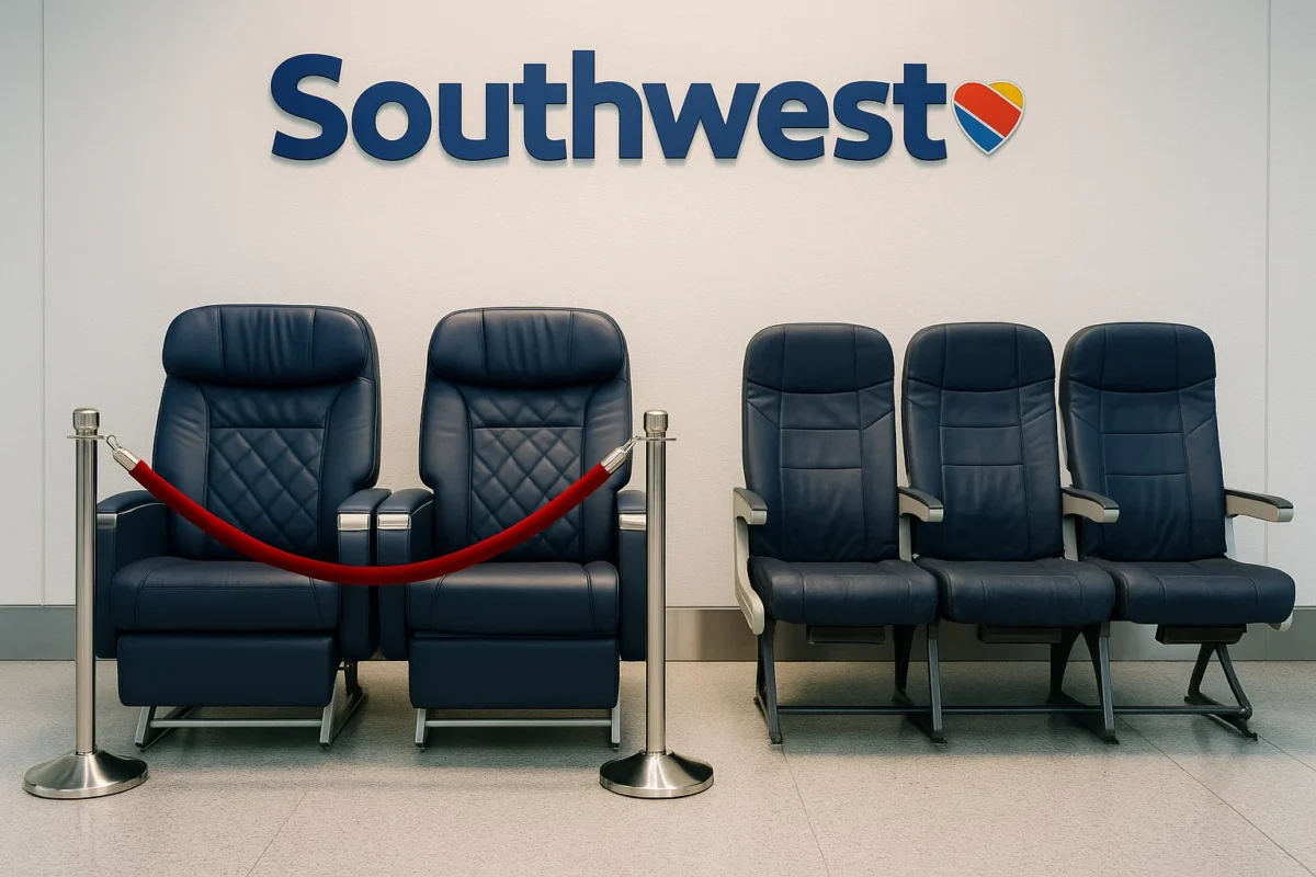 A hyper-realistic, eye-catching photograph featuring the Southwest Airlines logo displayed boldly above two distinct groups of airplane seats arranged side by side. On one side, a row of plush, luxurious first-class seats appears pristine and inviting, while on the other, simple cramped economy seats are squeezed tightly together. The plush seats are empty but roped off like exclusive VIP sections, and the economy seats look worn with visible signs of frequent use. The background is minimal—just a clean airport gate or a plain wall—drawing all focus to the stark contrast between the two seating types and the unmistakable Southwest branding. The lighting is even and bright, creating a clear, impactful visual metaphor for a new seating hierarchy.