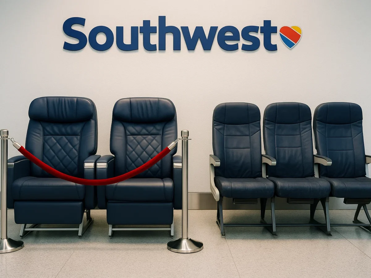A hyper-realistic, eye-catching photograph featuring the Southwest Airlines logo displayed boldly above two distinct groups of airplane seats arranged side by side. On one side, a row of plush, luxurious first-class seats appears pristine and inviting, while on the other, simple cramped economy seats are squeezed tightly together. The plush seats are empty but roped off like exclusive VIP sections, and the economy seats look worn with visible signs of frequent use. The background is minimal—just a clean airport gate or a plain wall—drawing all focus to the stark contrast between the two seating types and the unmistakable Southwest branding. The lighting is even and bright, creating a clear, impactful visual metaphor for a new seating hierarchy.