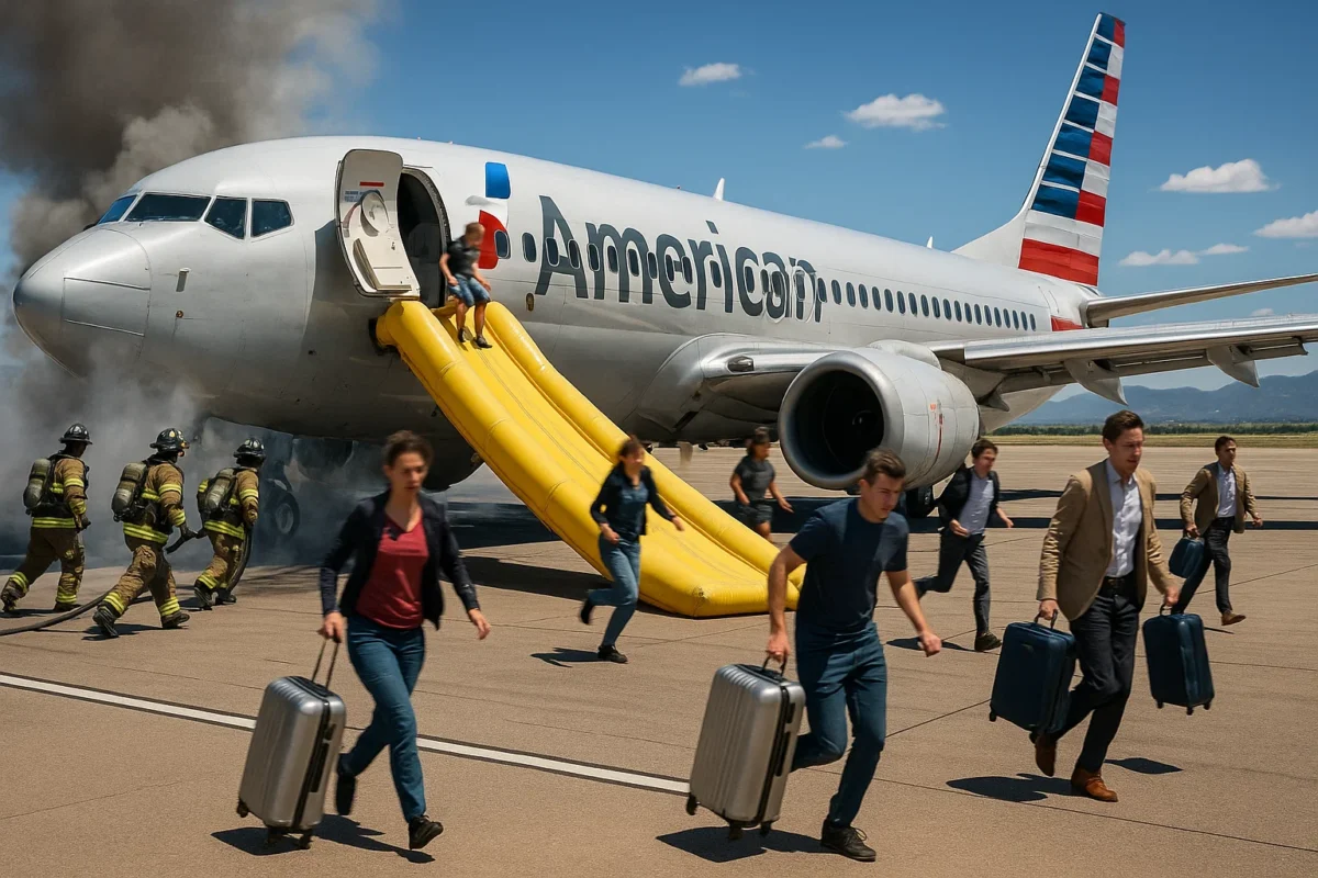 a photorealistic, brightly lit scene on an airport runway showing an emergency slide deployed from a Boeing 737, passengers descending while several clutch shiny roller suitcases, firefighters in turnout gear approach with hoses; heat shimmer, thick gray smoke near the left main gear; high dynamic range; 45mm prime on full‑frame DSLR, f/4, ISO 200, 1/1000s, polarizing filter; crisp midday Colorado light; faces incidental/obscured; news photo realism