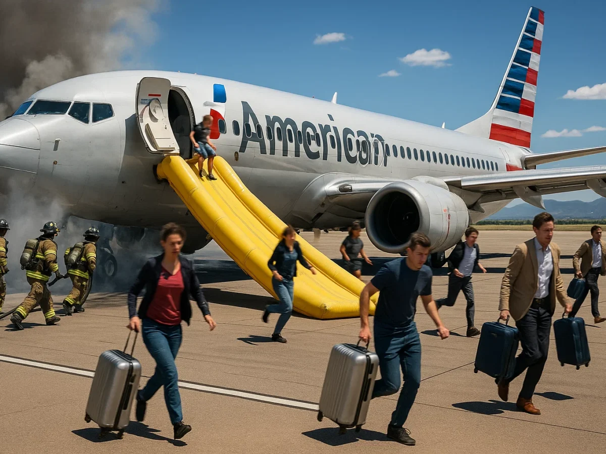 a photorealistic, brightly lit scene on an airport runway showing an emergency slide deployed from a Boeing 737, passengers descending while several clutch shiny roller suitcases, firefighters in turnout gear approach with hoses; heat shimmer, thick gray smoke near the left main gear; high dynamic range; 45mm prime on full‑frame DSLR, f/4, ISO 200, 1/1000s, polarizing filter; crisp midday Colorado light; faces incidental/obscured; news photo realism