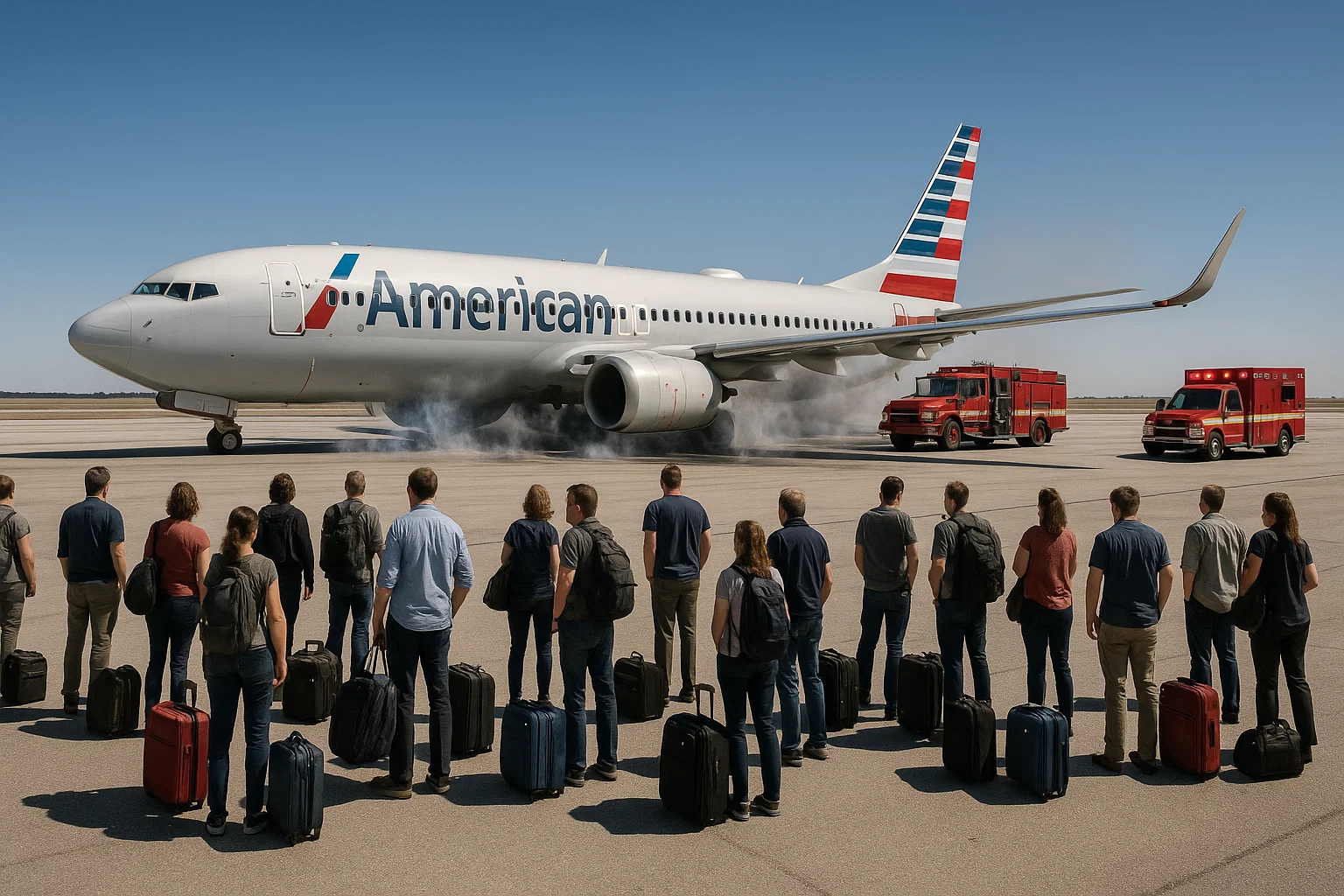 a photorealistic wide shot of a Boeing 737 on a runway with emergency vehicles staged, smoke lingering near the left landing gear, passengers gathered on tarmac with mixed expressions; 24mm full‑frame, f/5.6, ISO 100, 1/1250s; bright high‑altitude sun; documentary wire‑service style