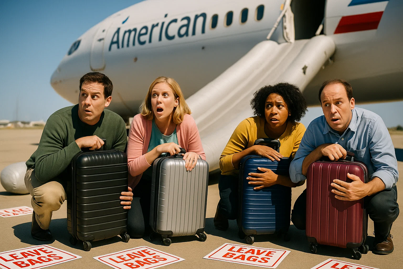 a photorealistic, comedic tableau of passengers kneeling protectively over roller bags at the base of an emergency slide, safety placards nearby reading “LEAVE BAGS” in bold; 50mm, f/2.8, ISO 160, 1/2000s; bright, punchy HDR; shallow depth of field; editorial realism