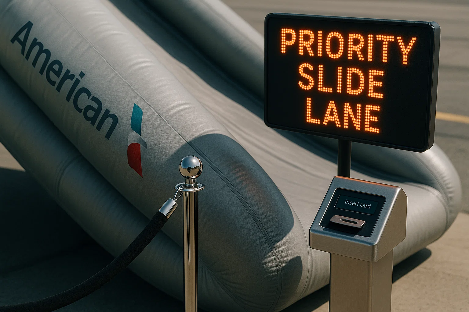 a photorealistic close‑up of an emergency slide with a mock LED sign reading “PRIORITY SLIDE LANE,” a gate stanchion rope, and an elite frequent‑flyer card scanner; 35mm, f/3.2, ISO 200, 1/1600s; bright runway light; crisp textures