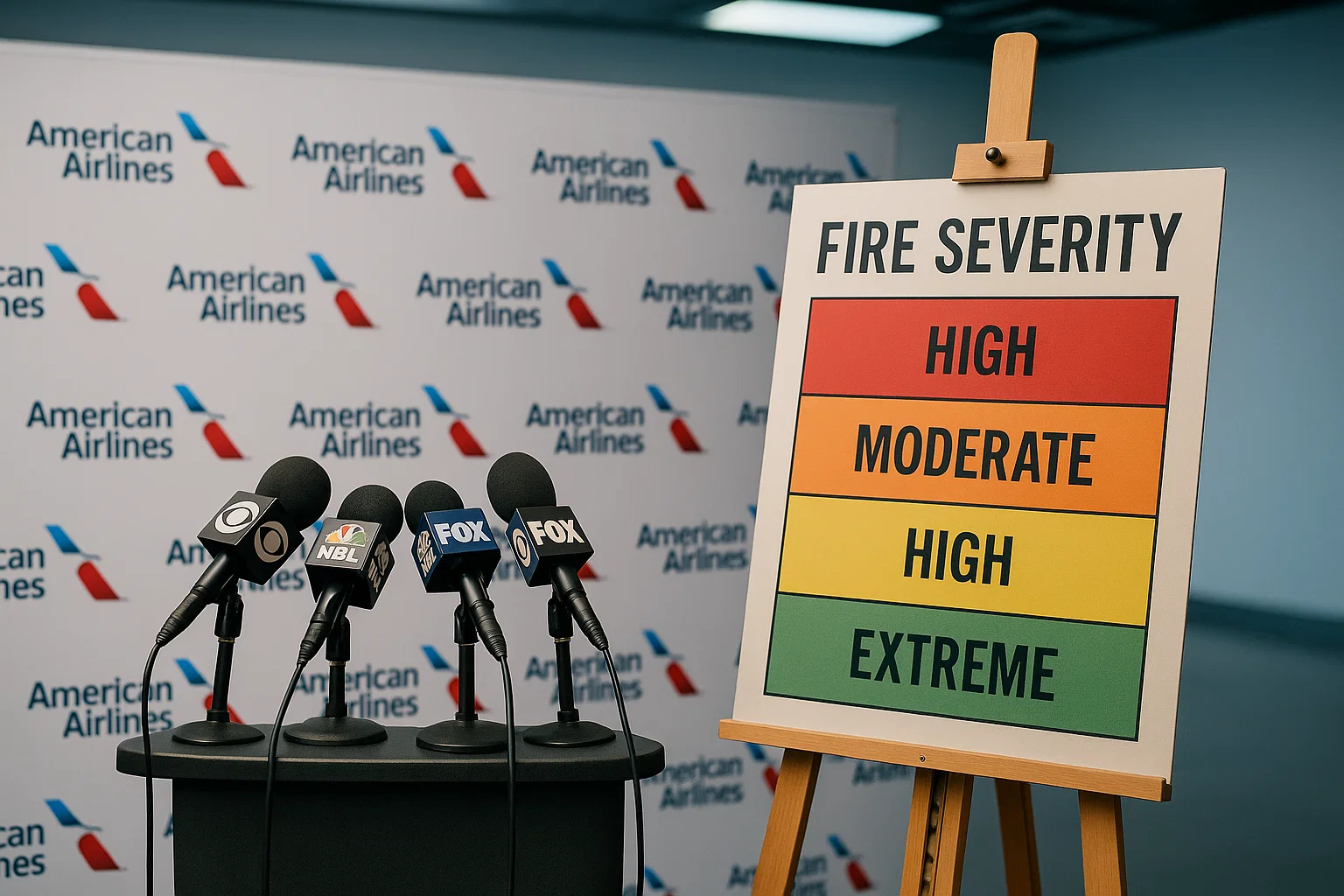 a photorealistic mock press conference scene with a branded backdrop, a large easel showing a tongue‑in‑cheek “fire severity” color chart, microphones clustered; 70mm, f/2.8, ISO 320, 1/500s; studio‑bright lighting; newsroom realism